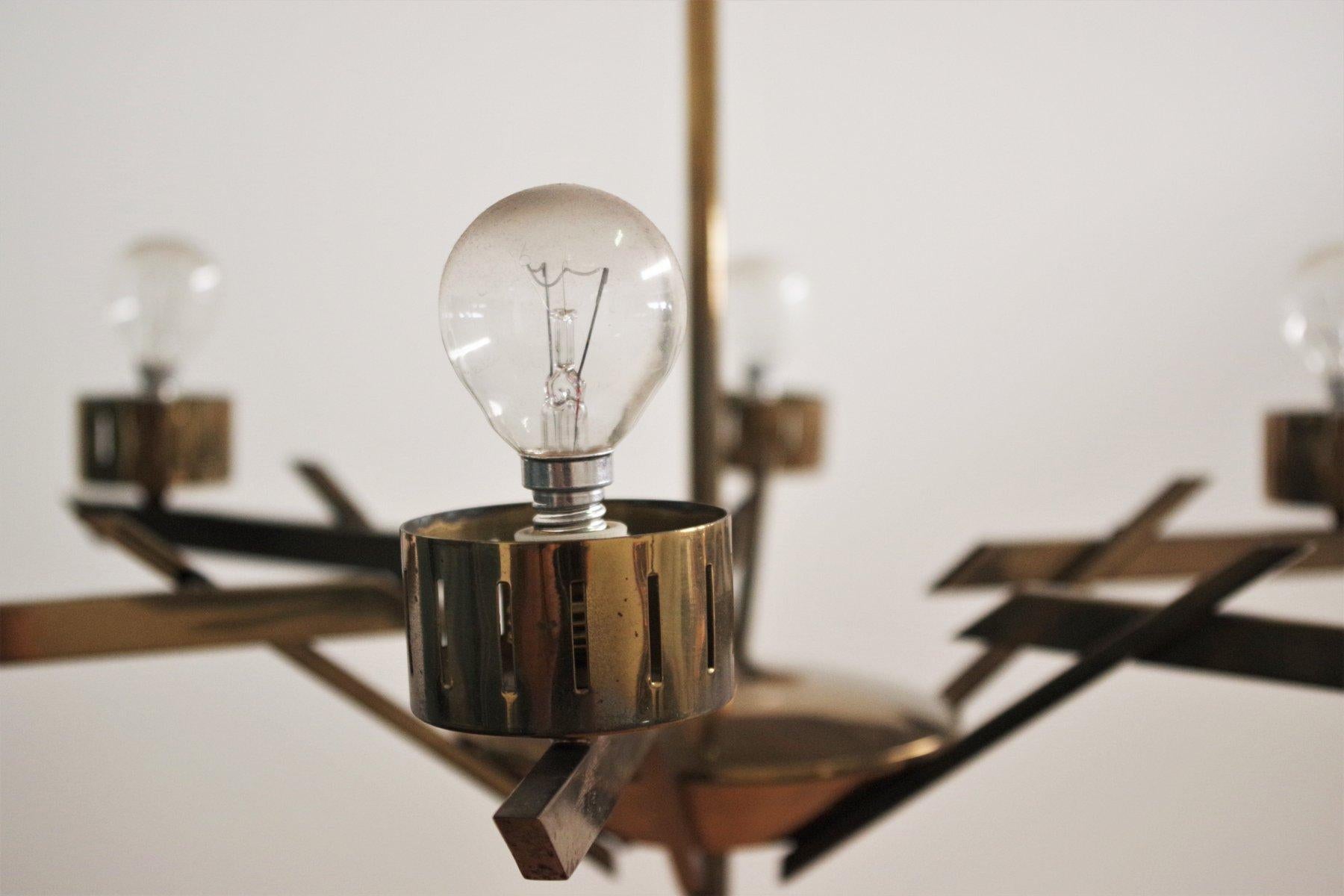 1970s Yellow Metal and Glass 3-Light Chandelier - Mid-Century Modern Elegance For Sale 5