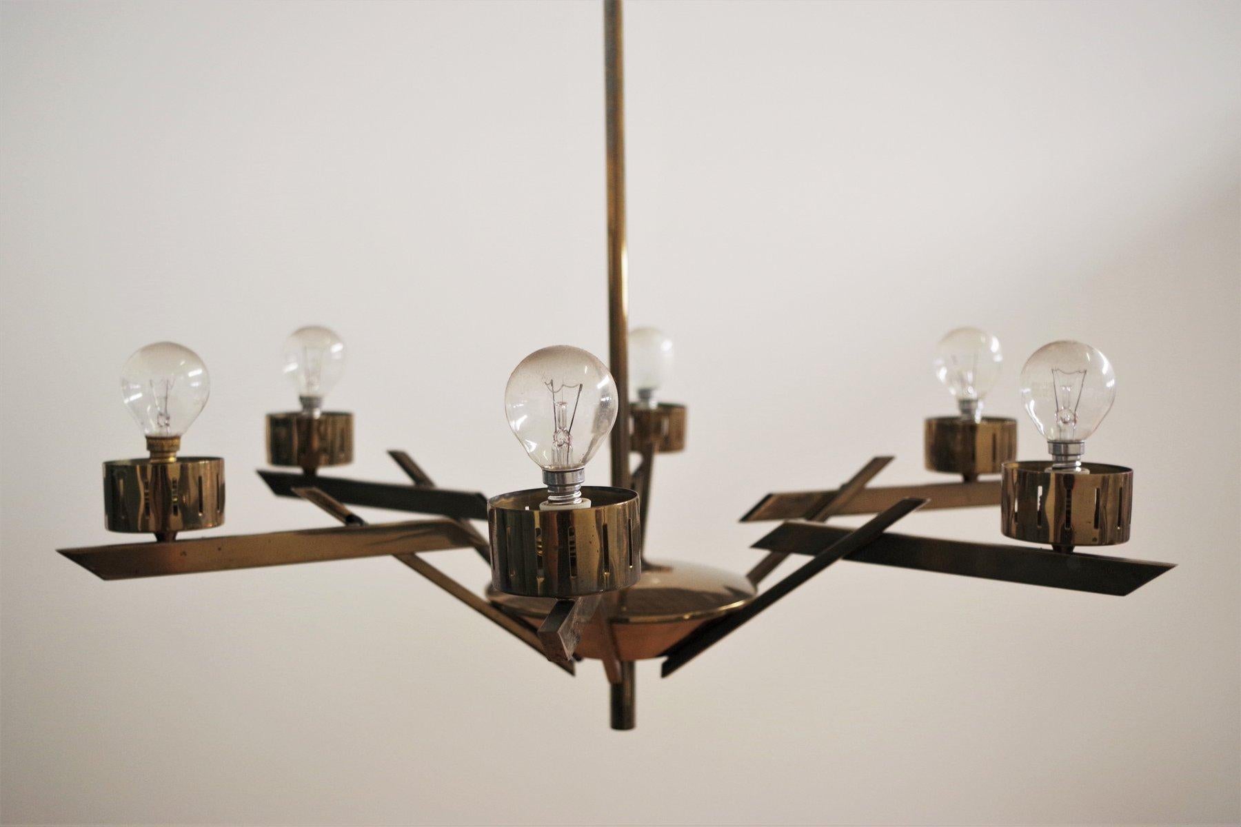 1970s Yellow Metal and Glass 3-Light Chandelier - Mid-Century Modern Elegance For Sale 6