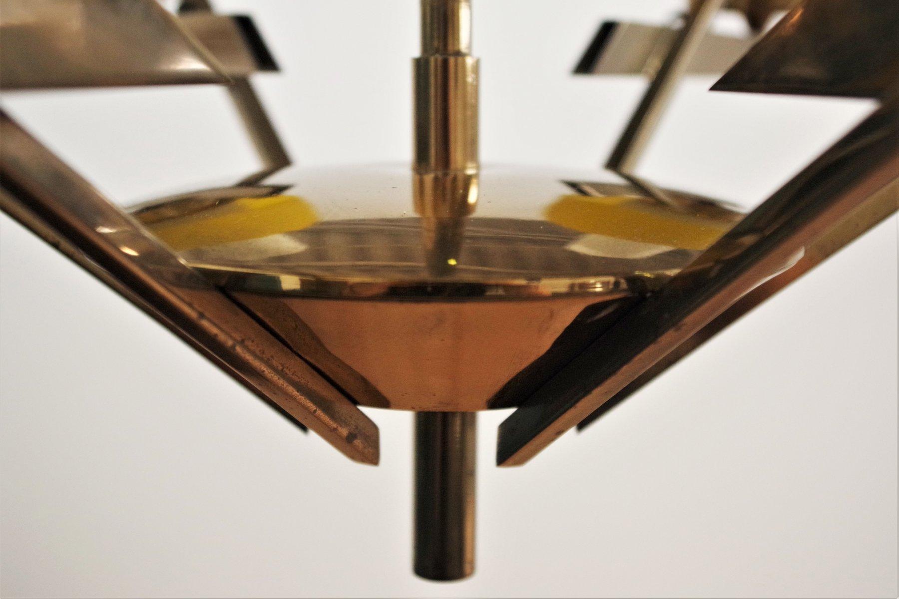 1970s Yellow Metal and Glass 3-Light Chandelier - Mid-Century Modern Elegance For Sale 7