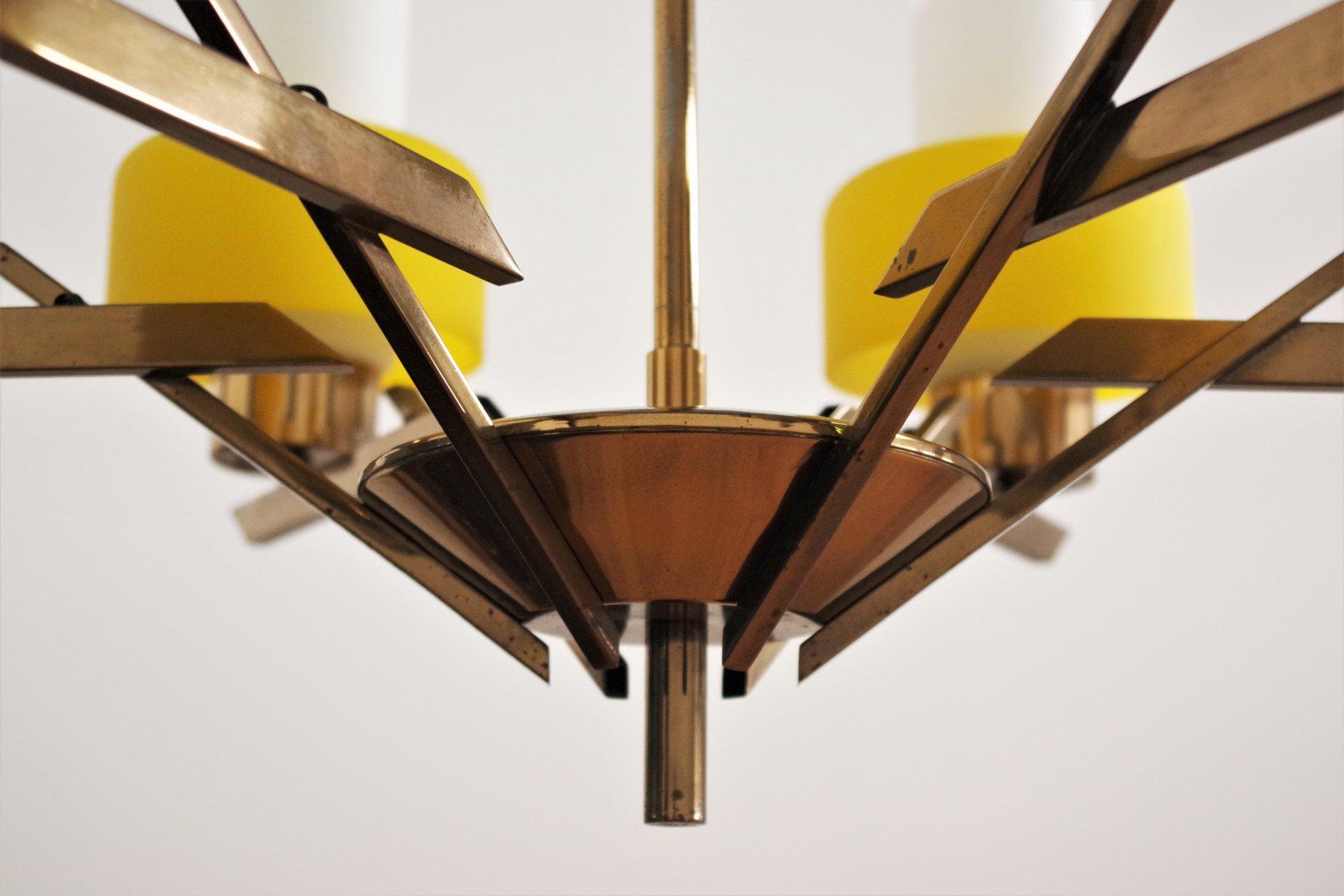 1970s Yellow Metal and Glass 3-Light Chandelier - Mid-Century Modern Elegance For Sale 8