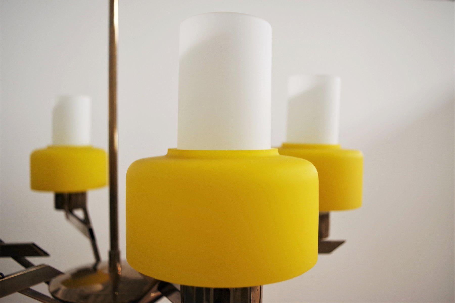 1970s Yellow Metal and Glass 3-Light Chandelier - Mid-Century Modern Elegance For Sale 10