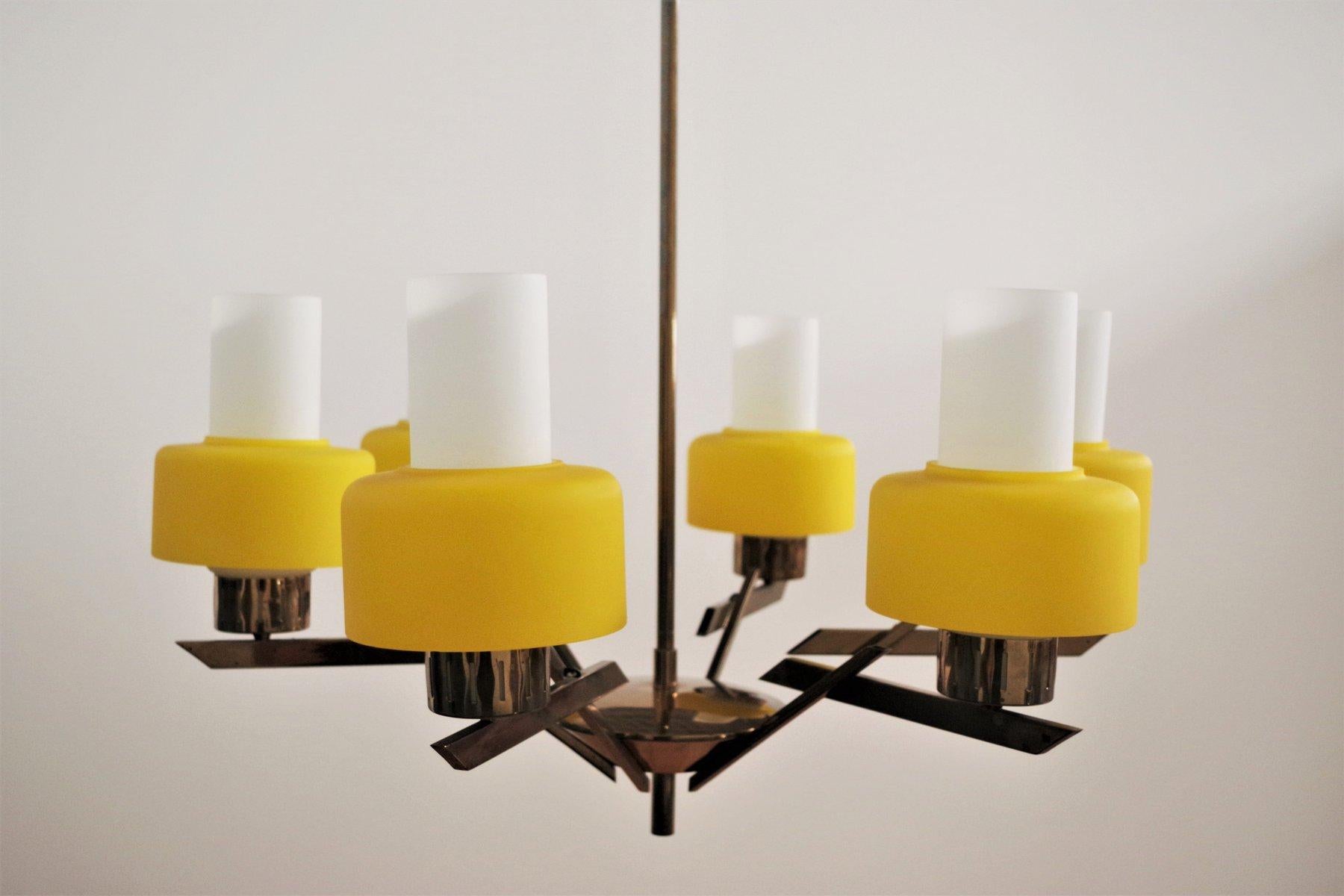 1970s Yellow Metal and Glass 3-Light Chandelier - Mid-Century Modern Elegance For Sale 12
