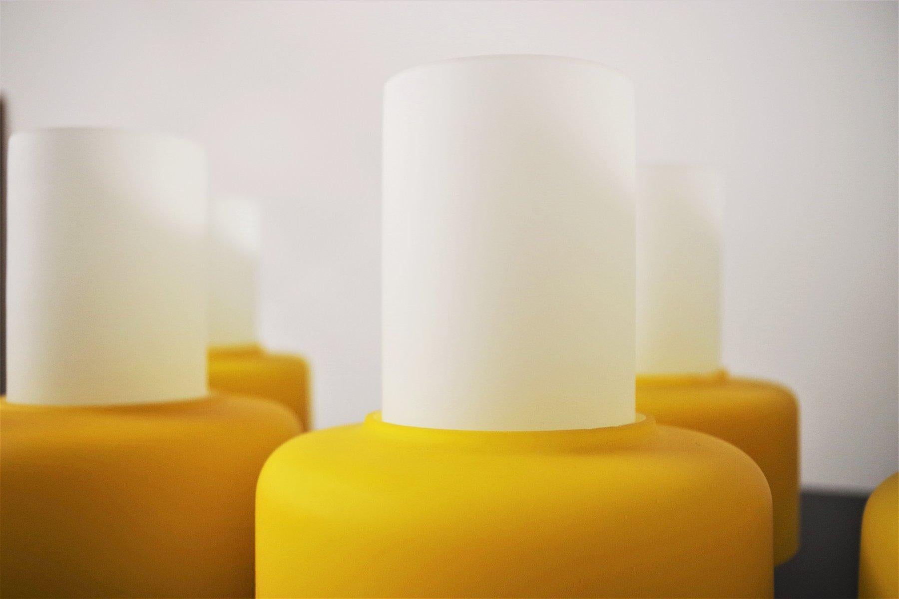 1970s Yellow Metal and Glass 3-Light Chandelier - Mid-Century Modern Elegance For Sale 1