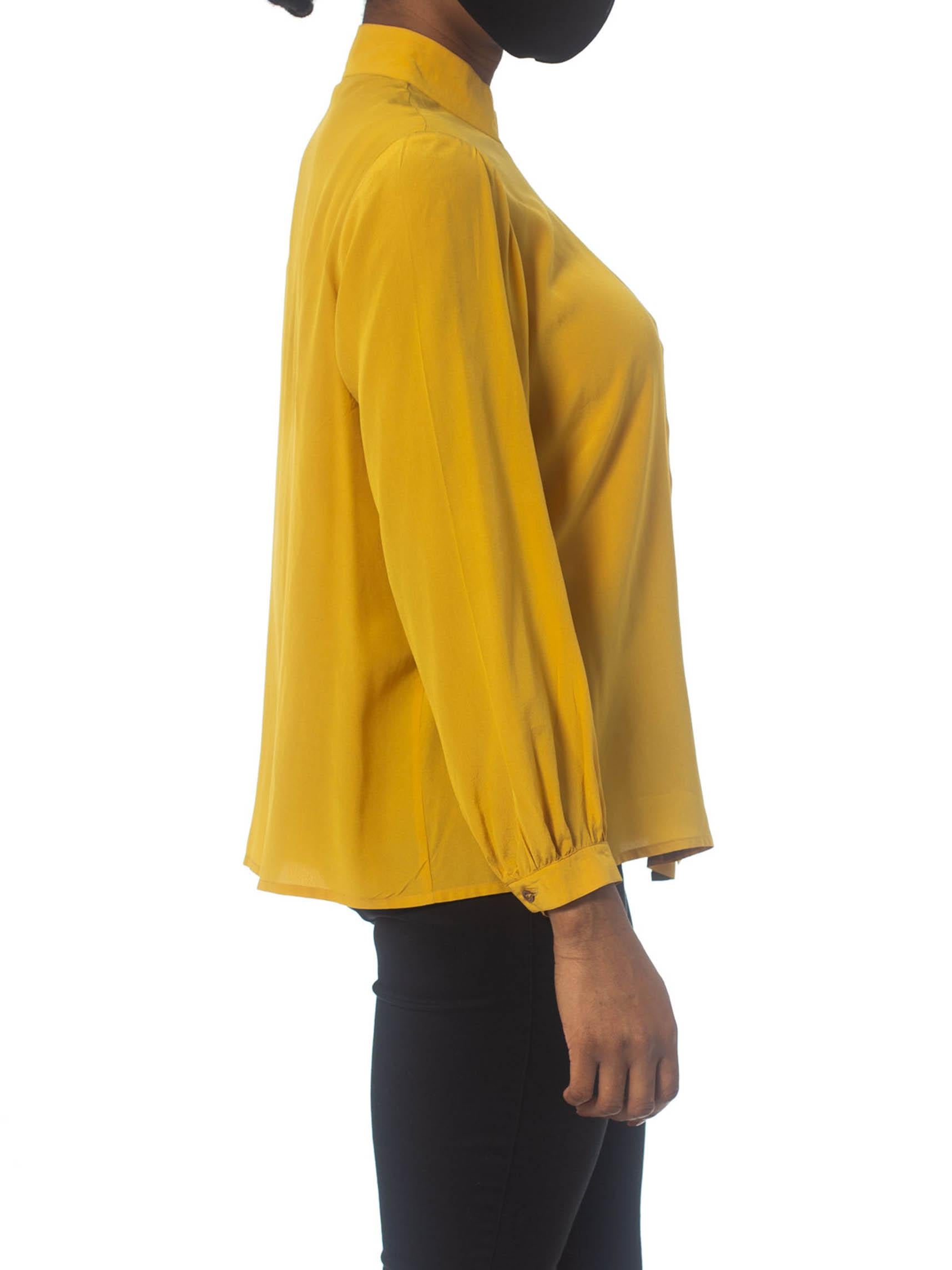 Women's 1970S Yellow Ochre Silk Pleated Front Blouse Made In Italy With Hand Finishing
