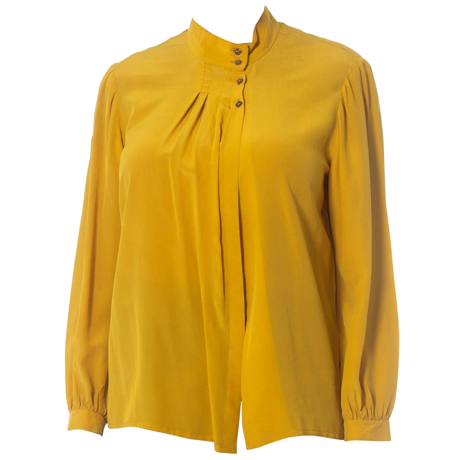 1970S Yellow Ochre Silk Pleated Front Blouse Made In Italy With Hand Finishing