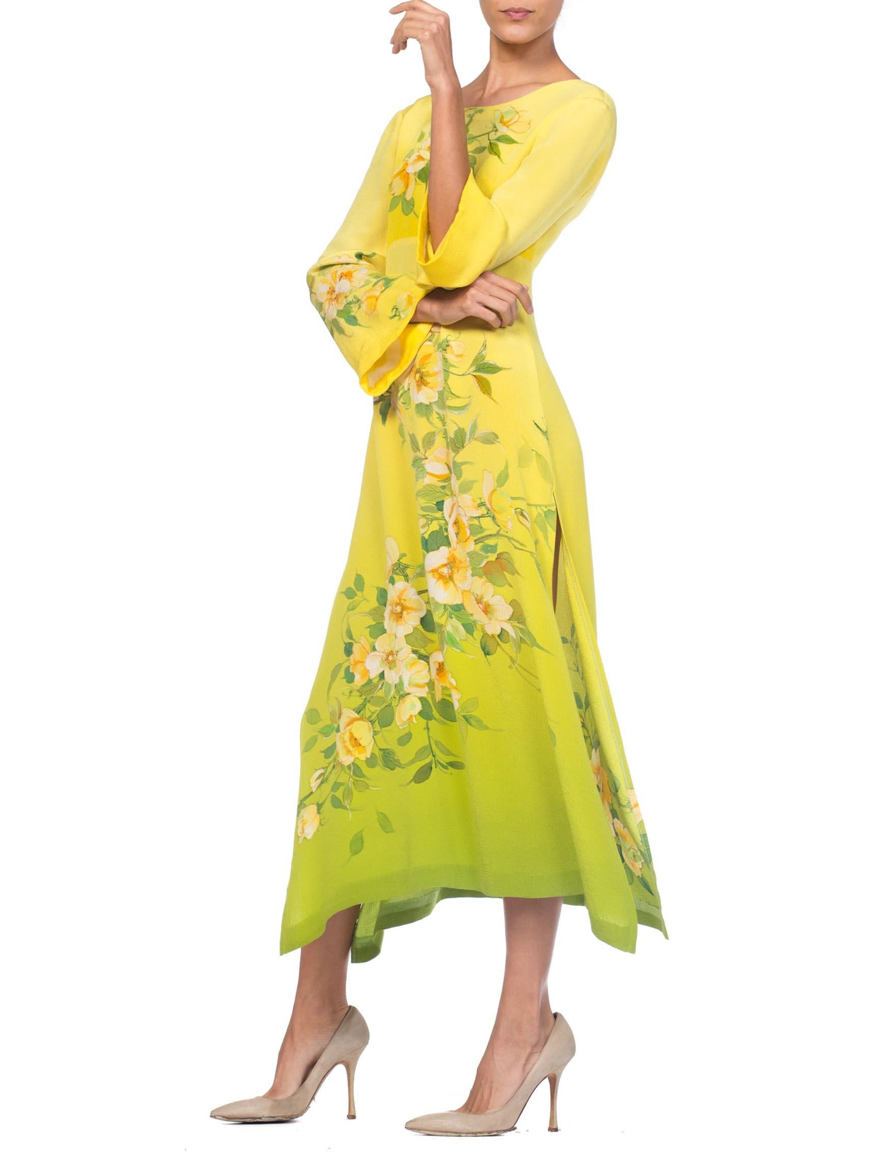 1970S  Yellow Ombré Dress Made From Hand Painted Japenese Kimono Silk In Excellent Condition For Sale In New York, NY