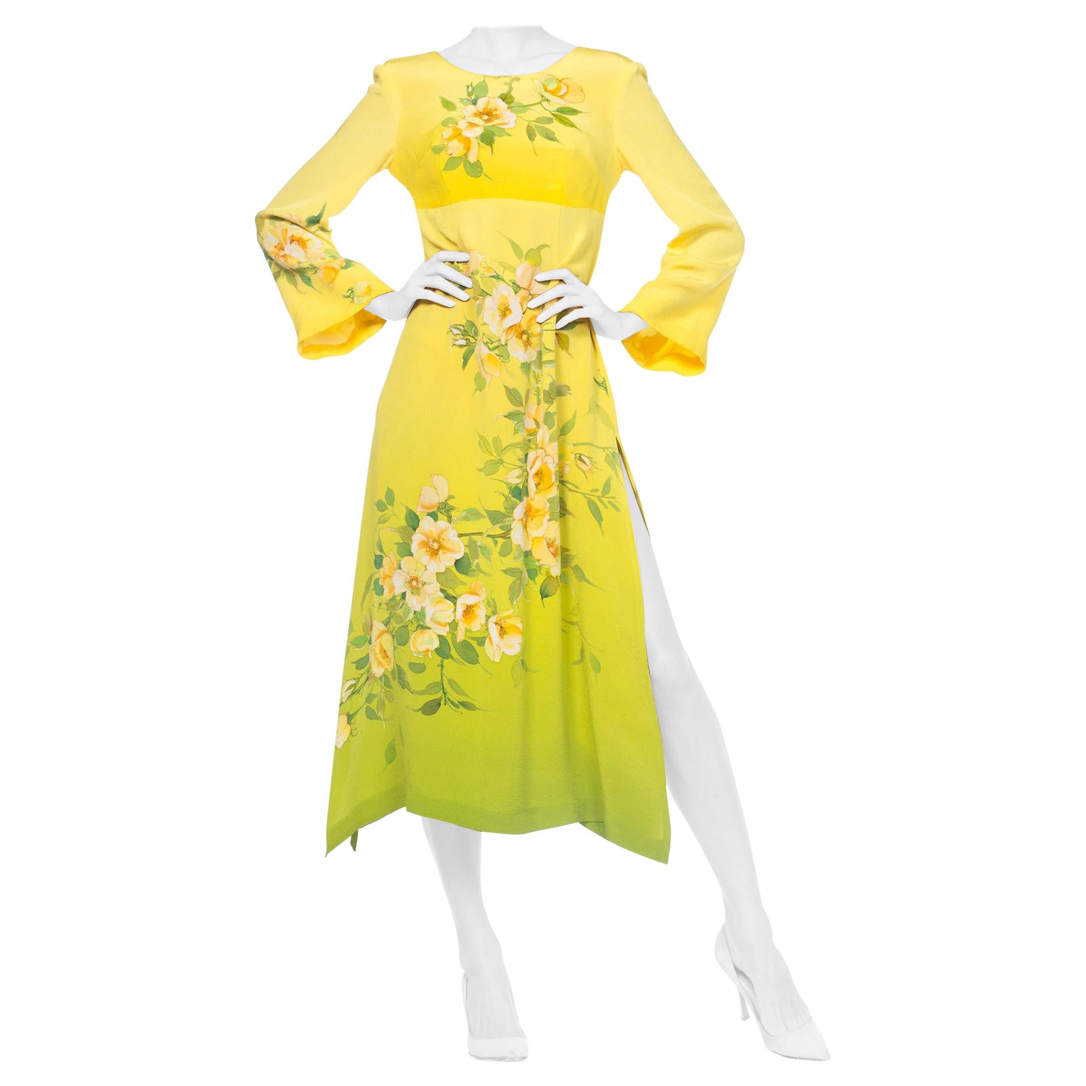 1970S  Yellow Ombré Dress Made From Hand Painted Japenese Kimono Silk For Sale