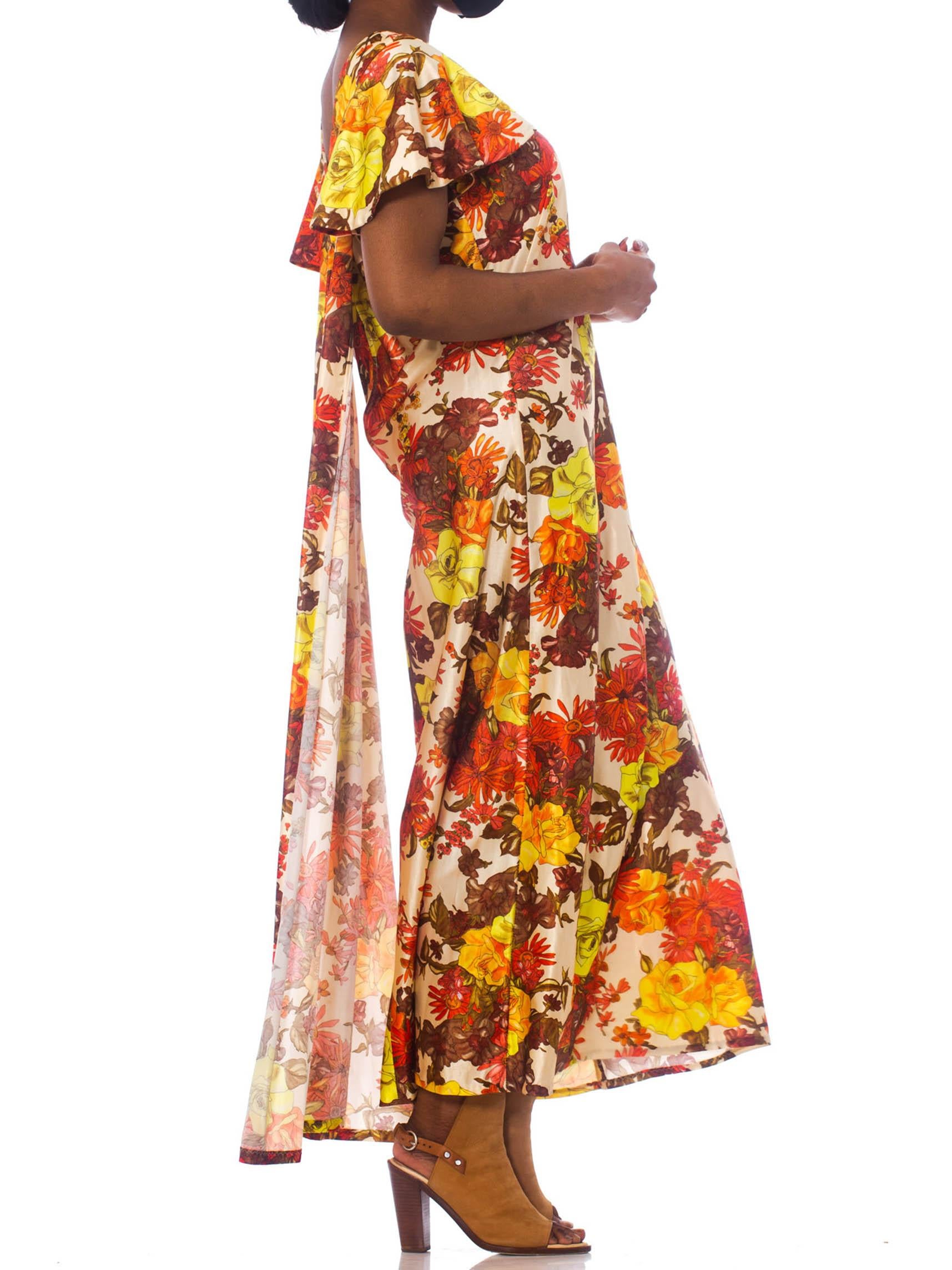 Brown 1970S Yellow & Orange Nylon Satin  Jersey Floral Maxi Dress With Ruffle Sleeves