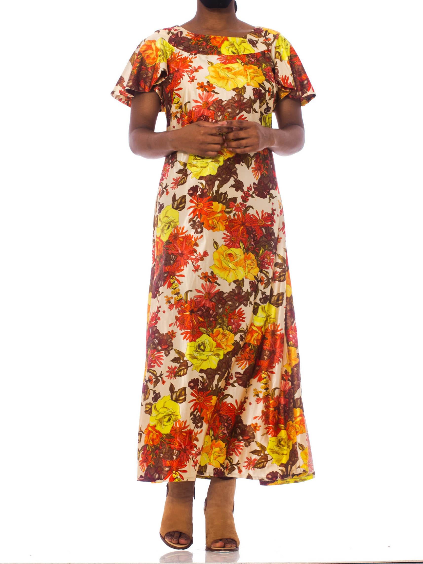 1970S Yellow & Orange Nylon Satin  Jersey Floral Maxi Dress With Ruffle Sleeves In Excellent Condition In New York, NY