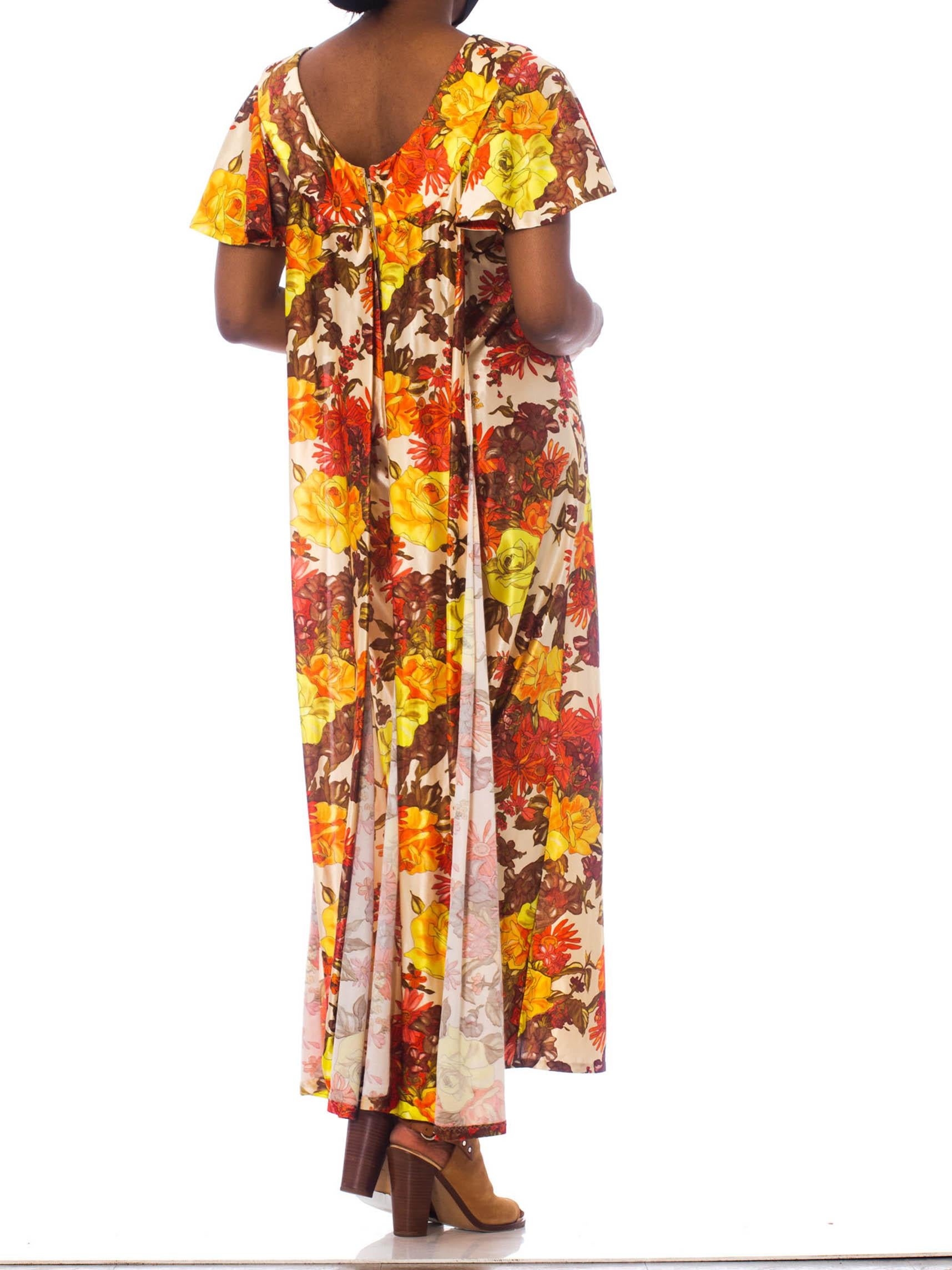 Women's 1970S Yellow & Orange Nylon Satin  Jersey Floral Maxi Dress With Ruffle Sleeves