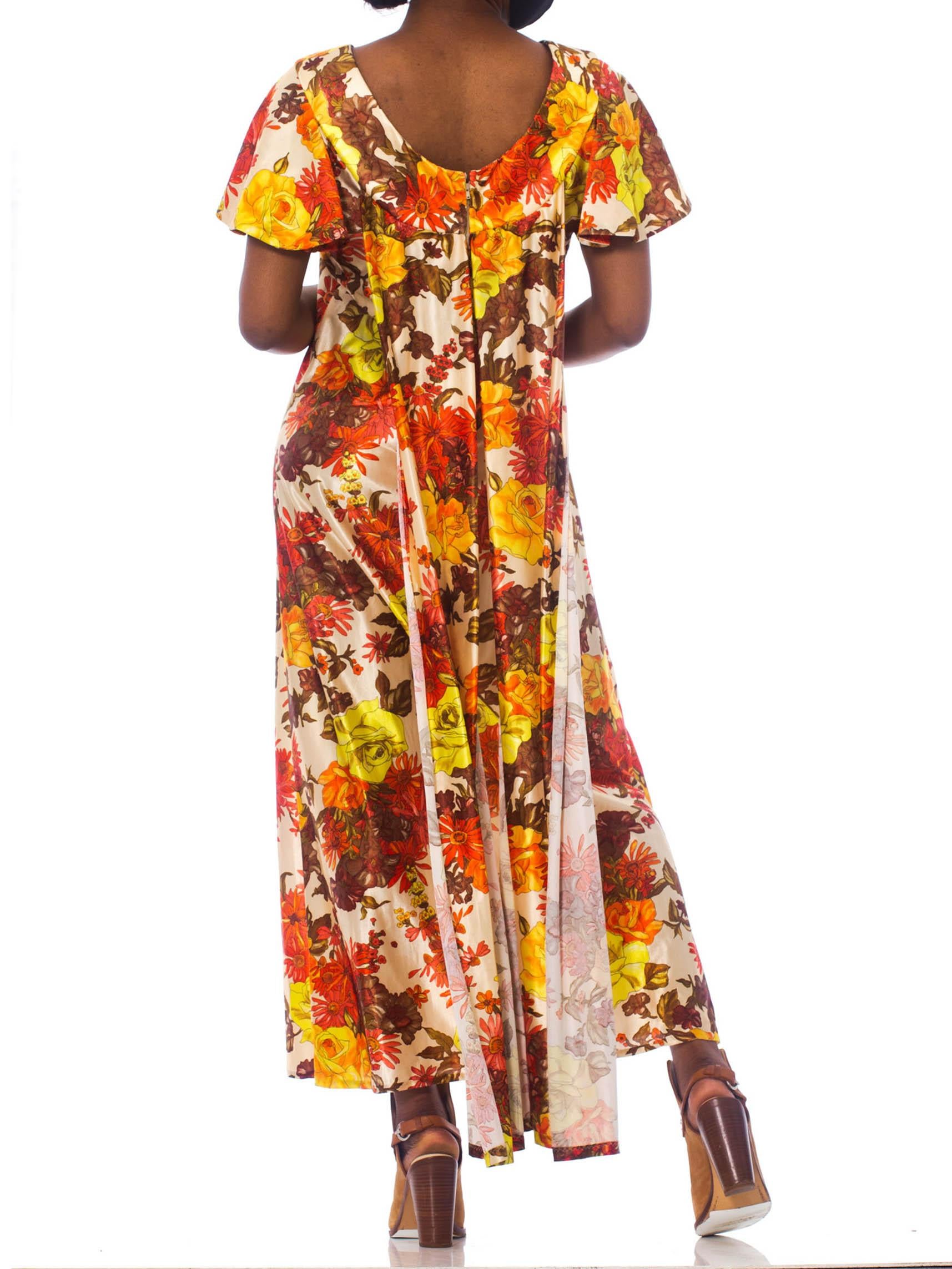 1970S Yellow & Orange Nylon Satin  Jersey Floral Maxi Dress With Ruffle Sleeves 1