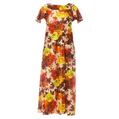 1970S Yellow & Orange Nylon Satin  Jersey Floral Maxi Dress With Ruffle Sleeves