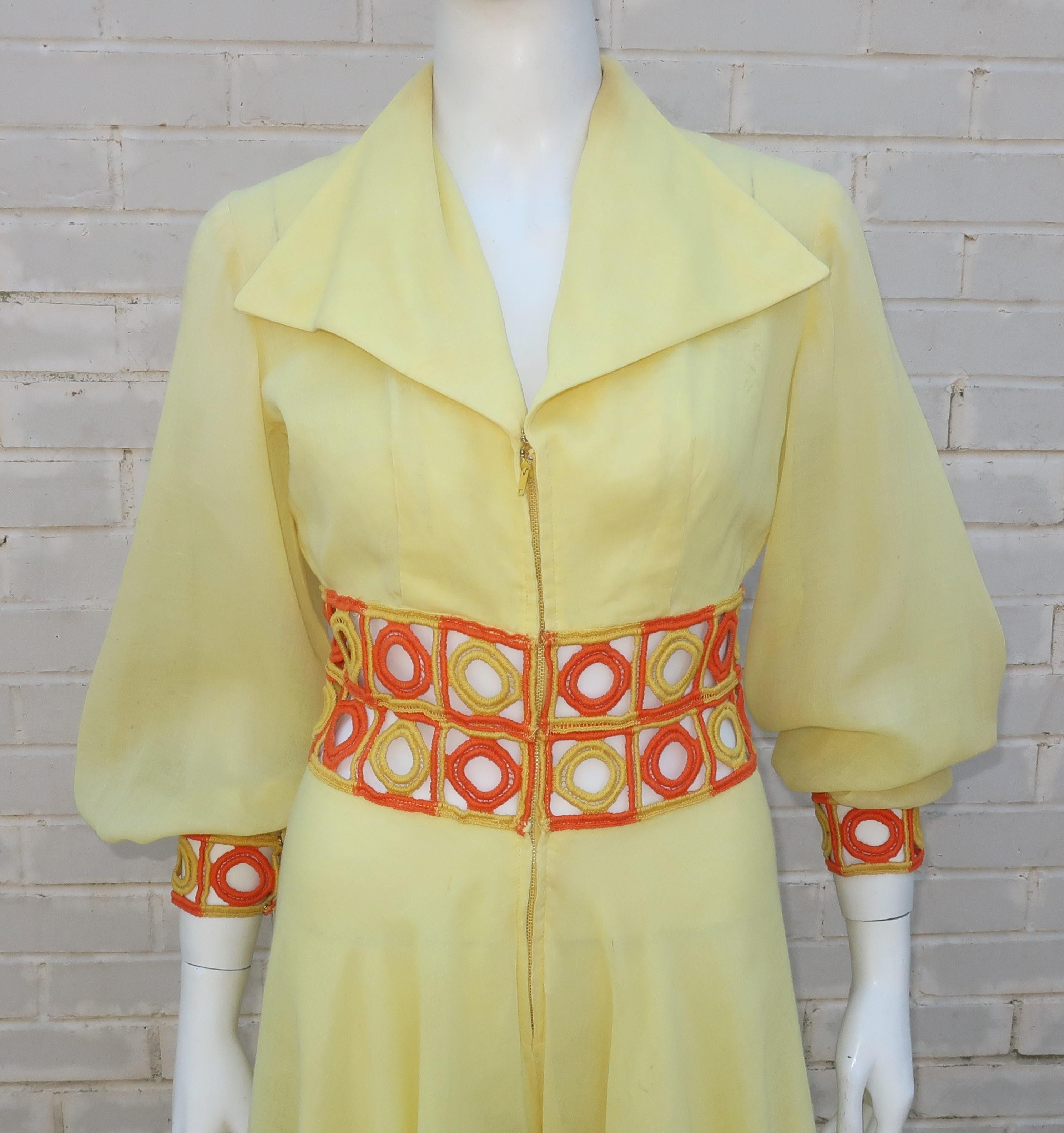 Get a period perfect look with this sassy ‘70’s yellow palazzo pant jumpsuit.  Designed with a lightweight cotton blend fabric which is doubled at the bodice and through the legs with a single layer at the sleeves for providing a little sheerness. 