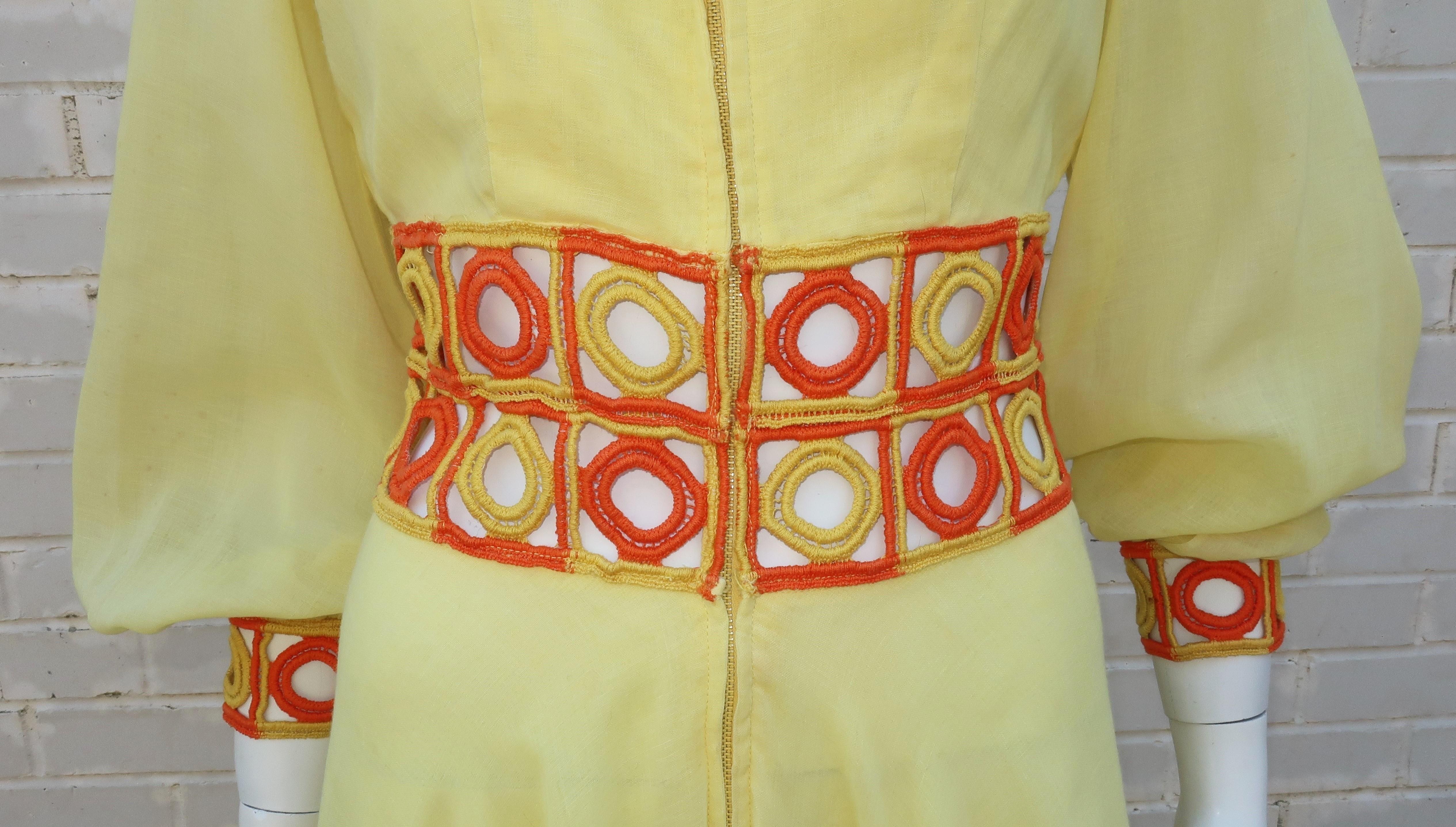 Beige 1970’s Yellow & Orange Palazzo Jumpsuit With Crochet Waist