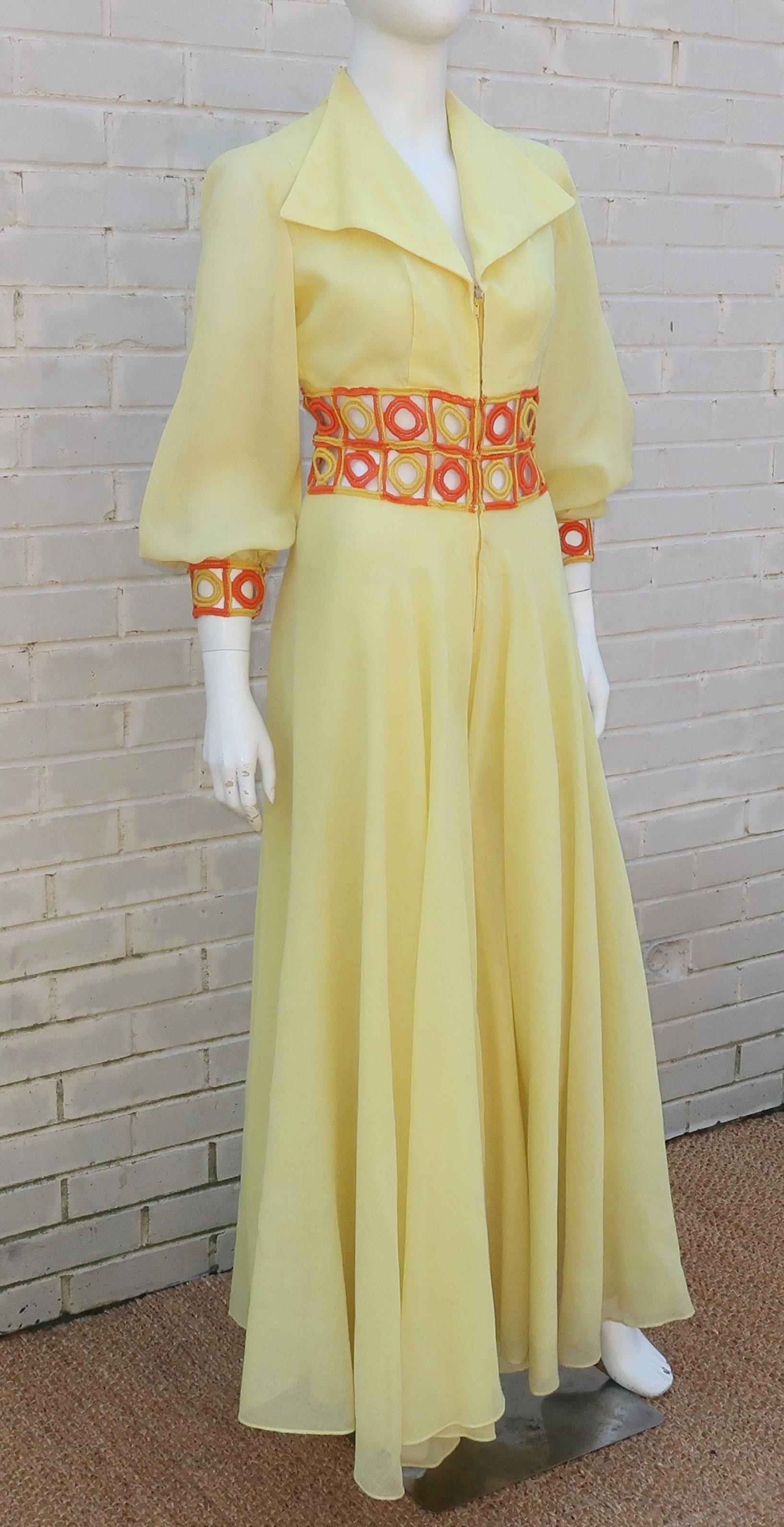 1970’s Yellow & Orange Palazzo Jumpsuit With Crochet Waist In Fair Condition In Atlanta, GA