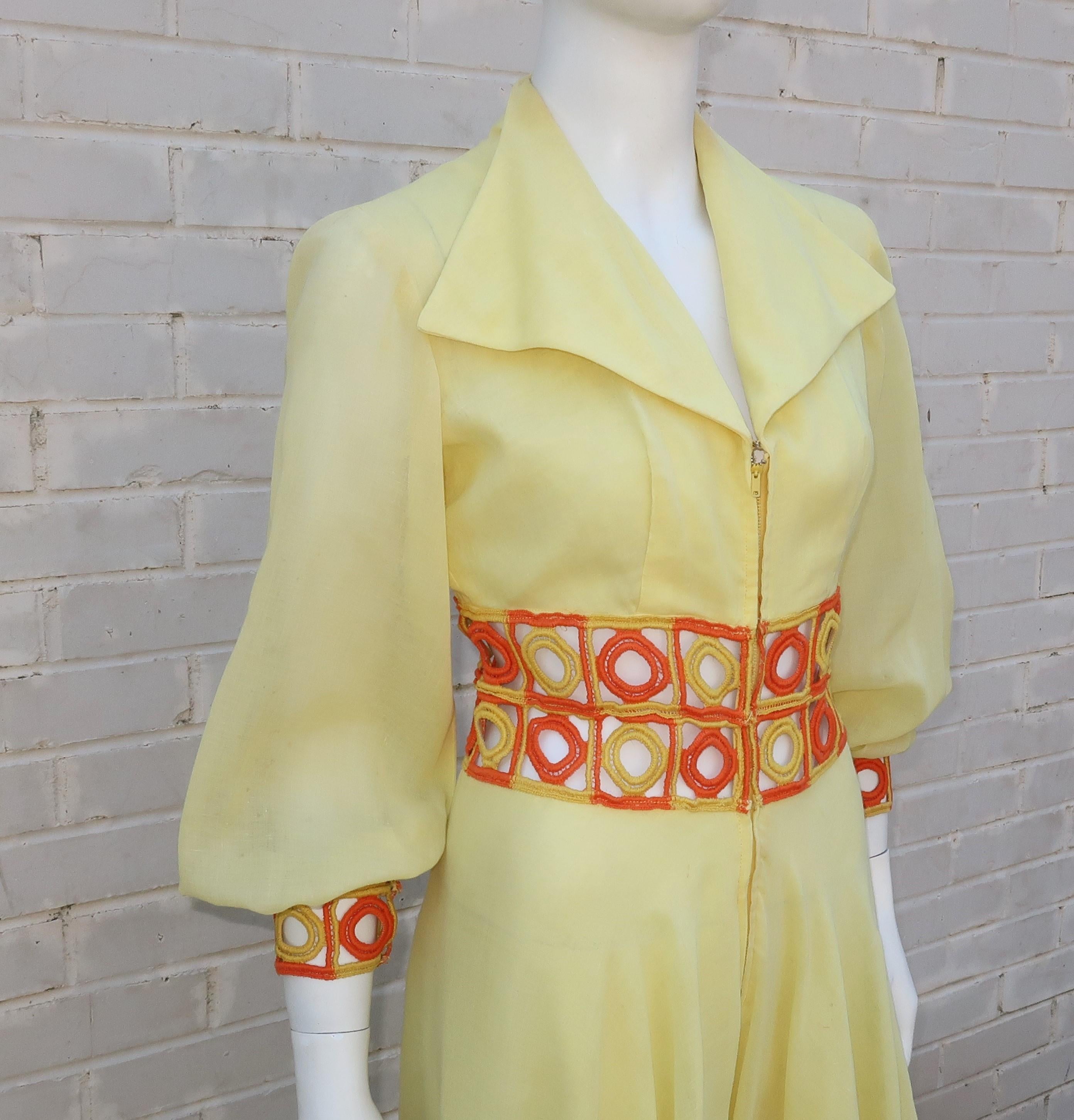 Women's 1970’s Yellow & Orange Palazzo Jumpsuit With Crochet Waist