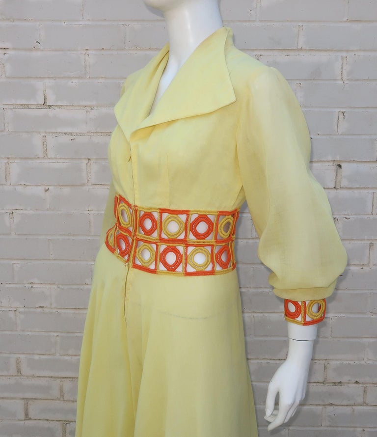 1970’s Yellow and Orange Palazzo Jumpsuit With Crochet Waist at 1stDibs