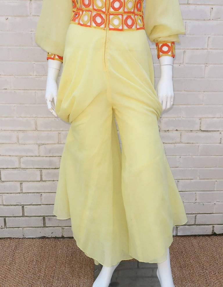 1970’s Yellow and Orange Palazzo Jumpsuit With Crochet Waist at 1stDibs