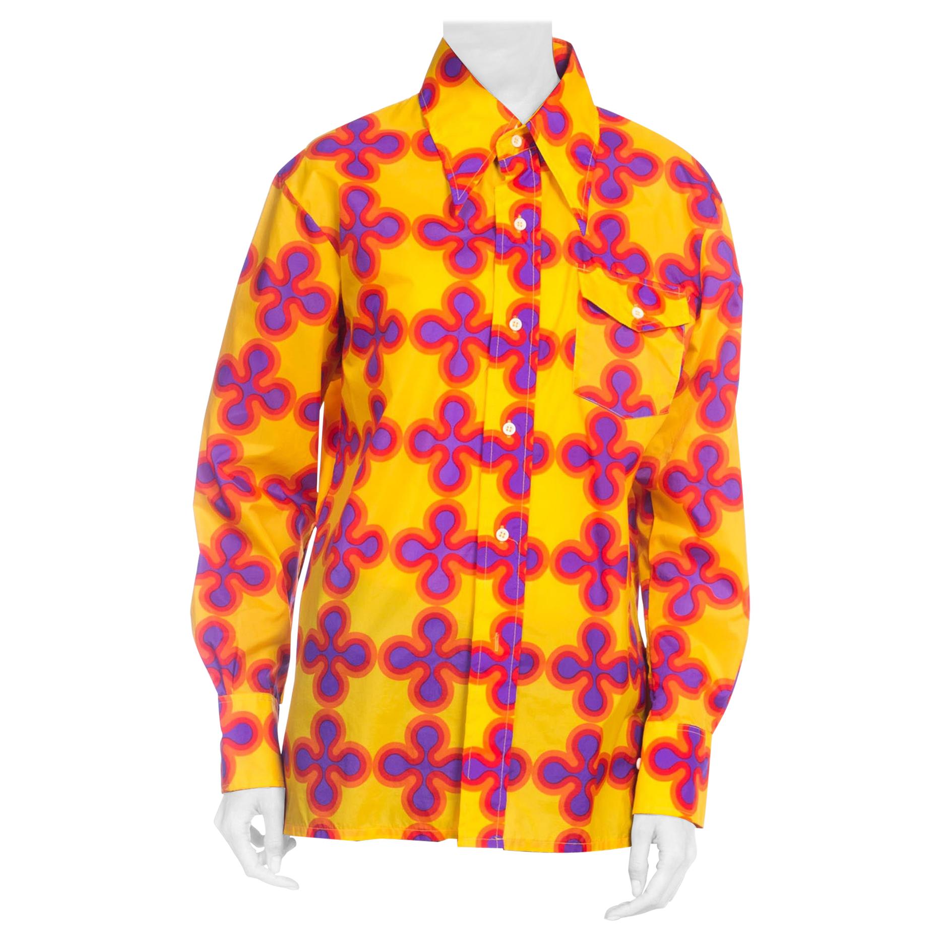 1970S  Yellow & Pink Nylon Psychedelic Op-Art Men's Shirt