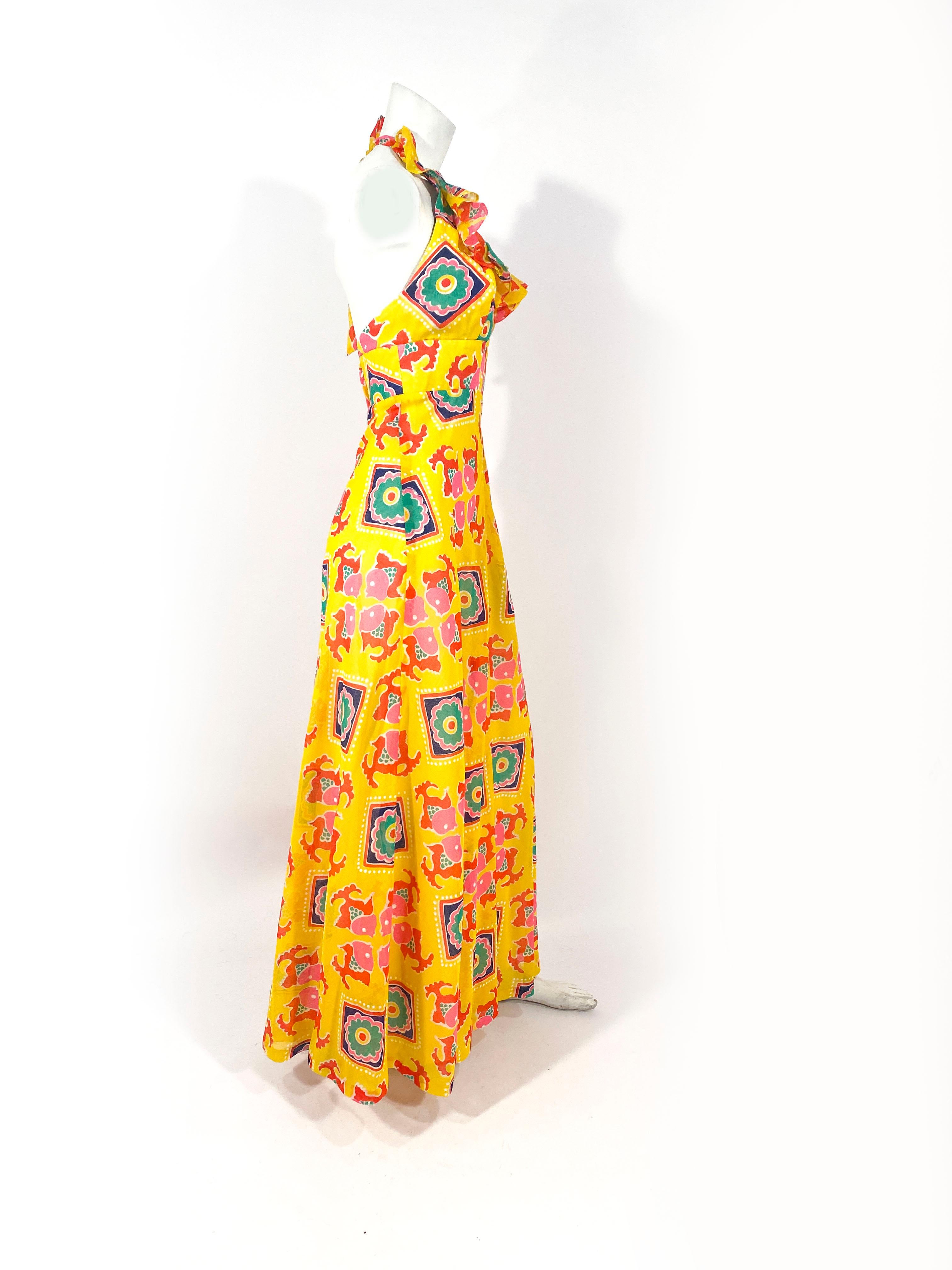 1970s Yellow Printed Maxi Dress with Ruffled Neckline 1