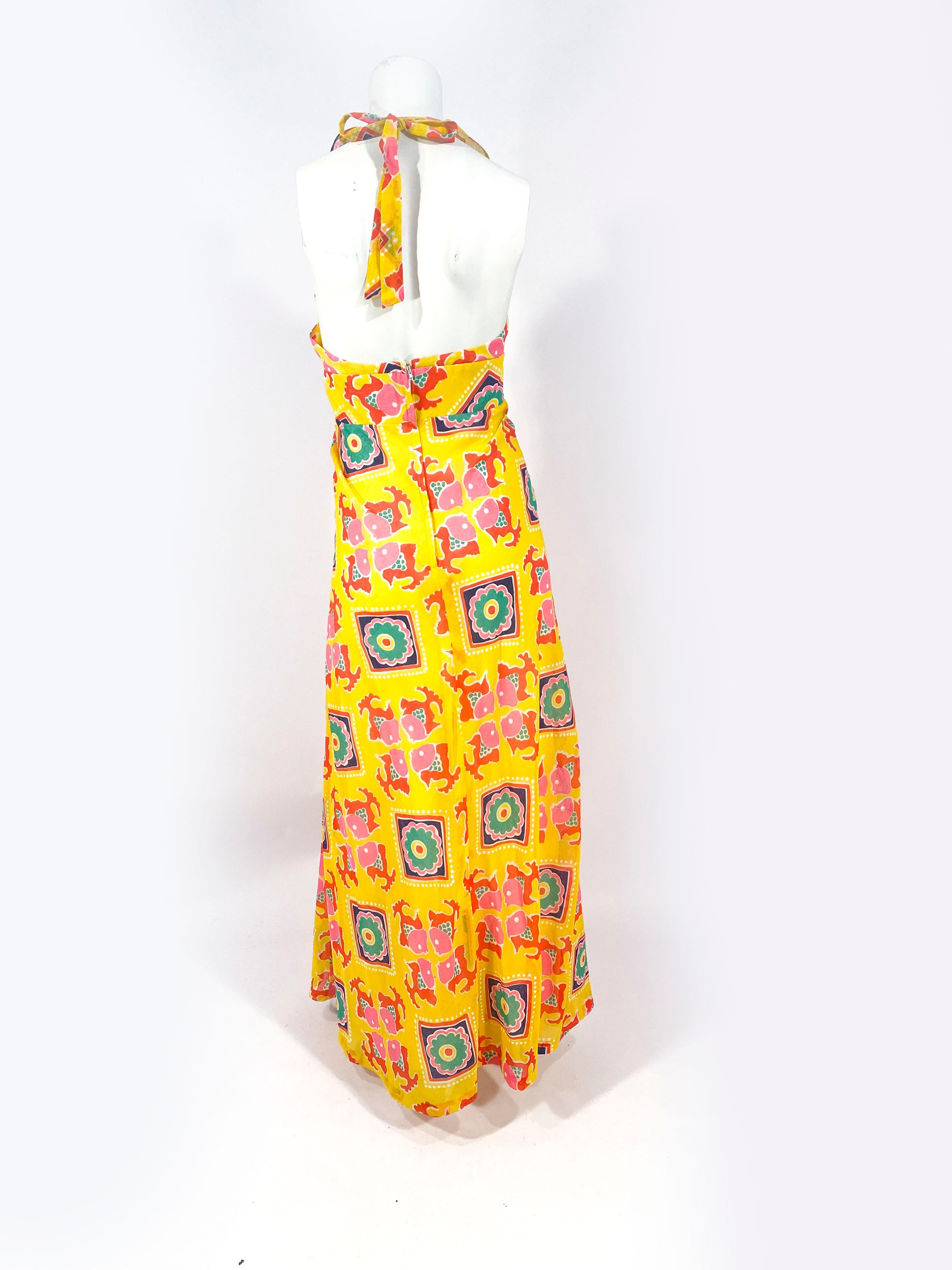 1970s Yellow Printed Maxi Dress with Ruffled Neckline 2