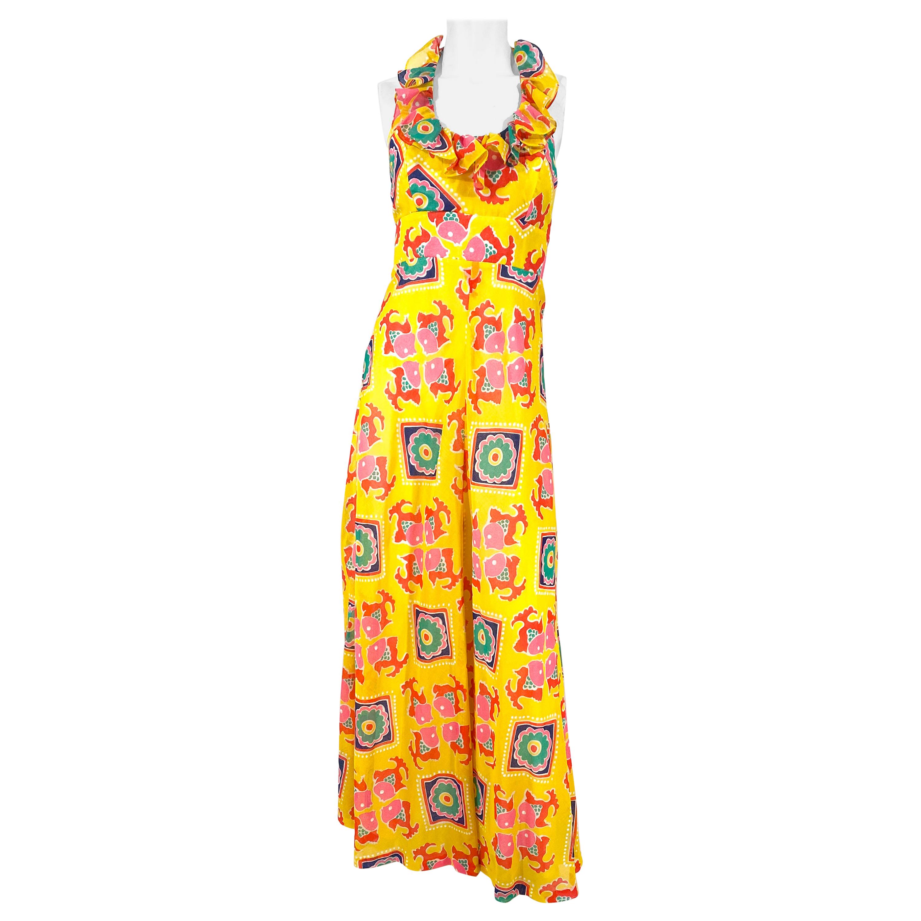 1970s Yellow Printed Maxi Dress with Ruffled Neckline