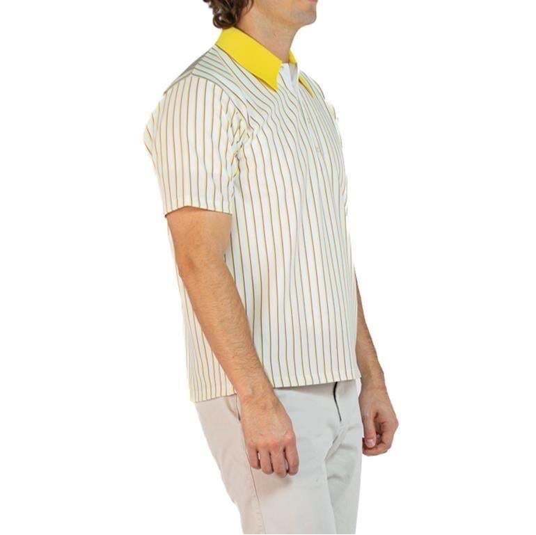 1970S Yellow & White Polyester Knit Men's Shirt Deadstock In Excellent Condition For Sale In New York, NY