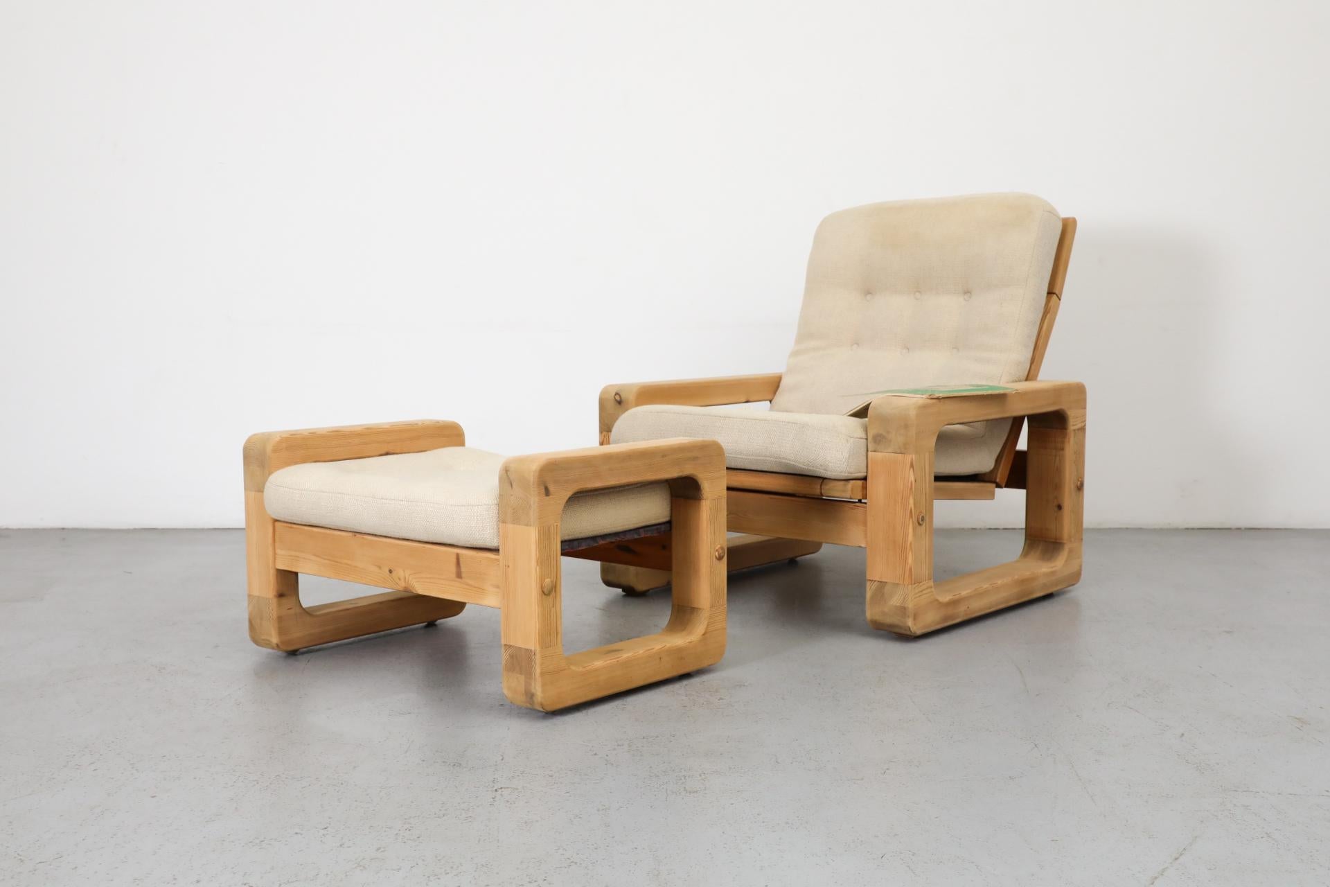 1970's fat framed pine reclining easy chair with ottoman. Large scale pine frame and original cream textured upholstery. Small wheels on both pieces make for easy movement! Ottoman measures 31.5 x 21.5 x 14/17. The frames have been lightly sanded to