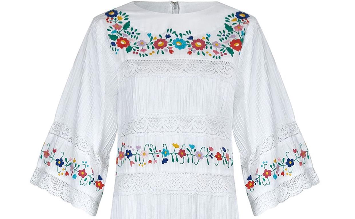 1970er Yolanda Floral besticktes mexikanisches Hochzeitskleid mit Blumenstickerei im Angebot 2