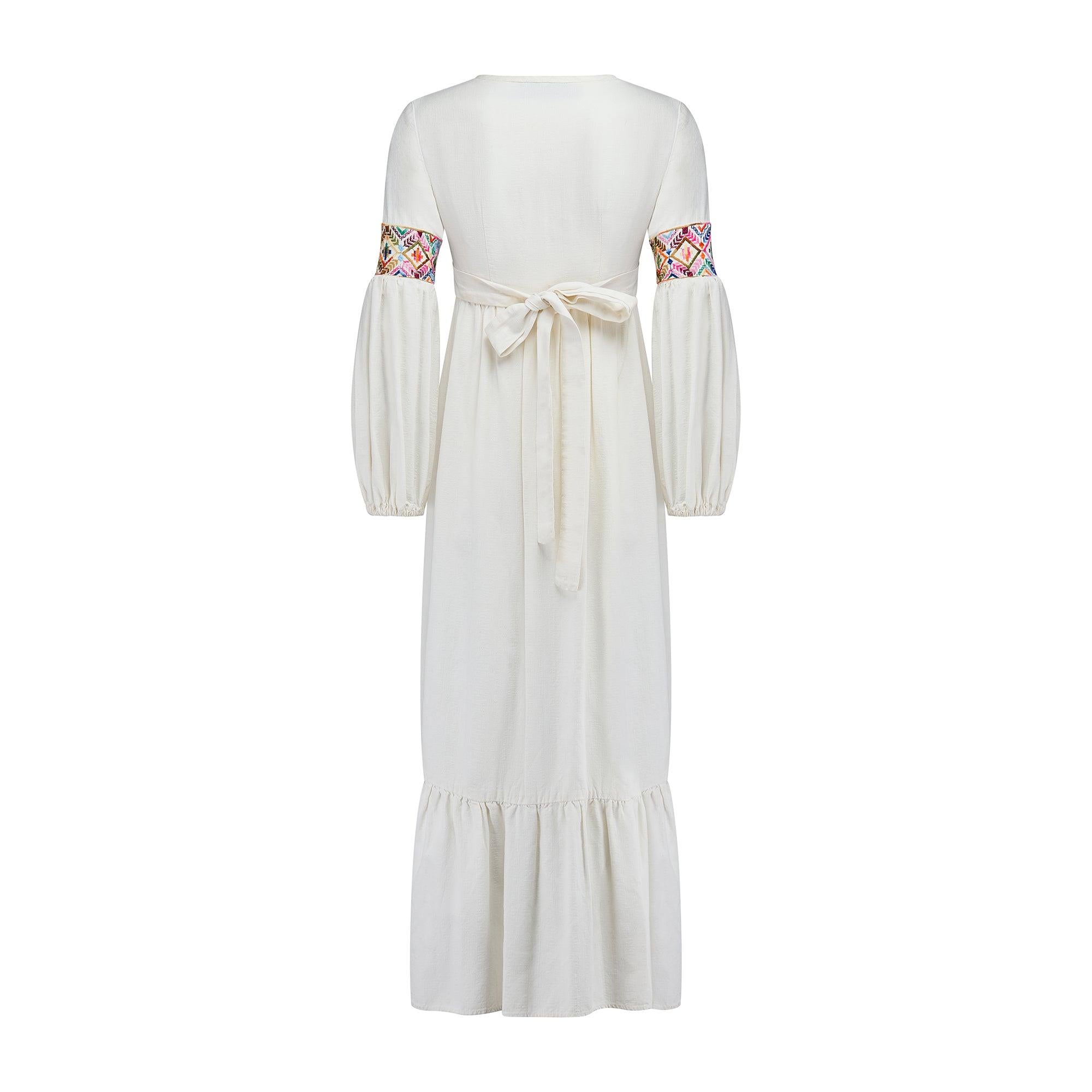 Gray 1970s Young Edwardian Embroidered Linen Maxi Dress For Sale