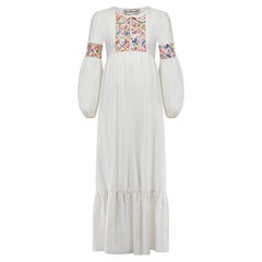 Vintage 1970s Young Edwardian Embroidered Linen Maxi Dress