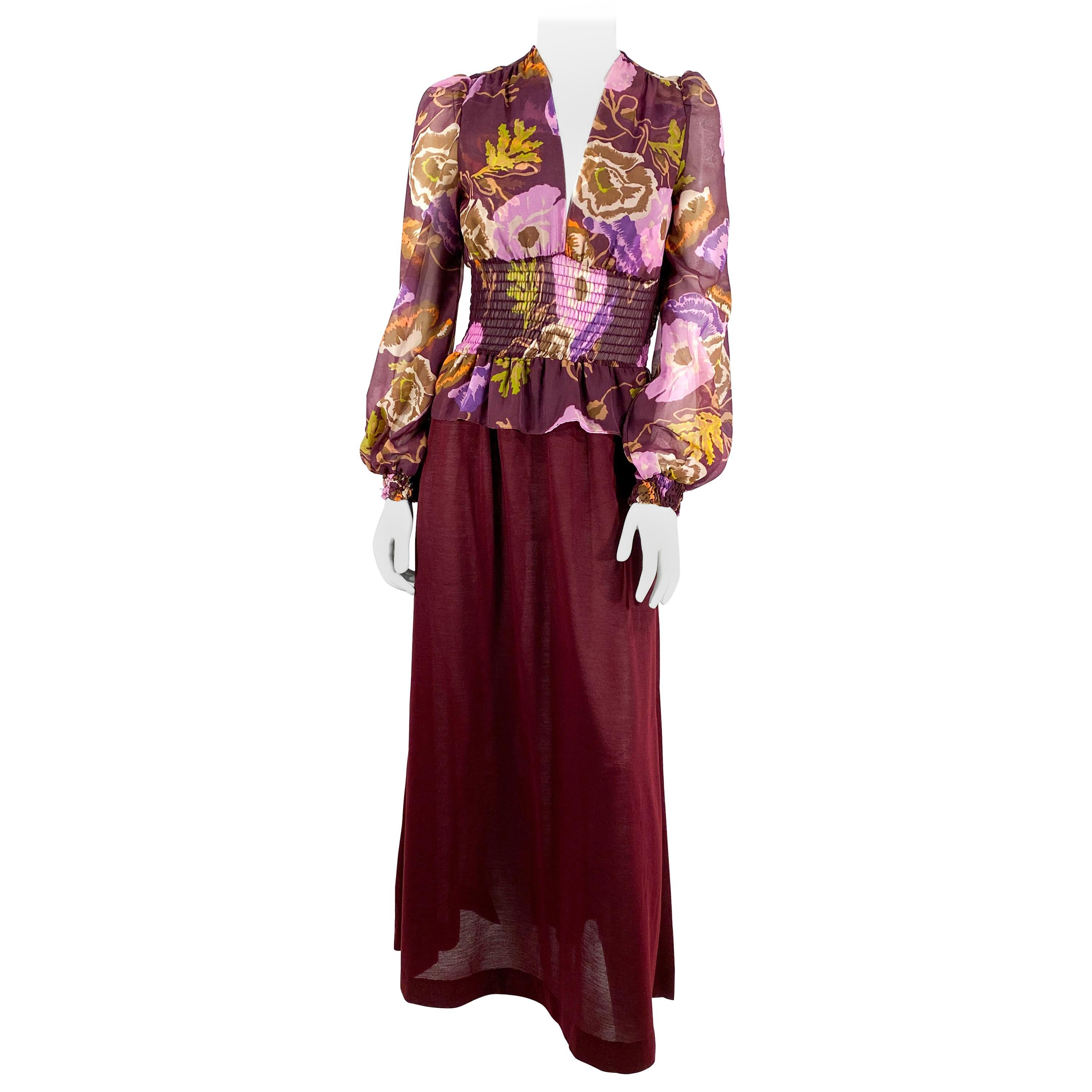 1970s Young Edwardian Floral Printed Bohemian Dress