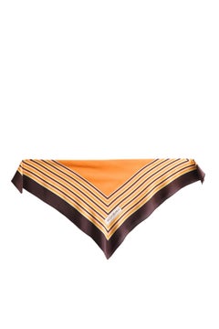 1970s YSL Silk Scarf Concentric Square Stripe Border Print Brown Orange