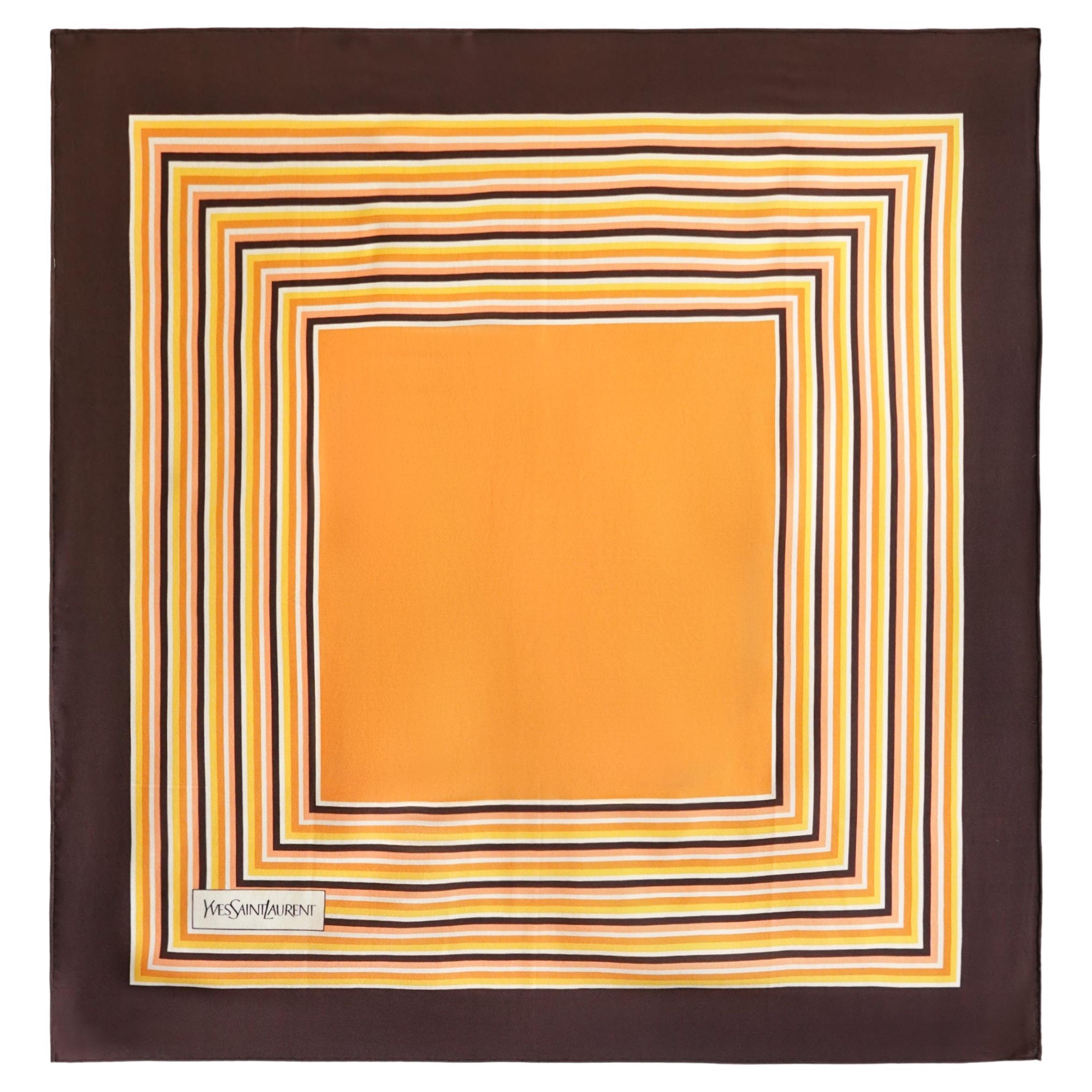 1970s YSL Silk Scarf Concentric Square Stripe Border Print Brown Orange