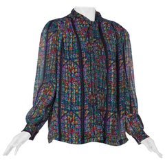 Vintage 1970's YSL Style Stained Glass Window Print Bow Neck Blouse