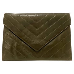 1970s YSL Vintage Yves Saint Laurent Avocado Green Leather Envelope Clutch Bag