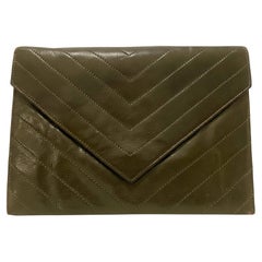 1970s YSL Vintage Yves Saint Laurent Avocado Green Leather Envelope Clutch Bag