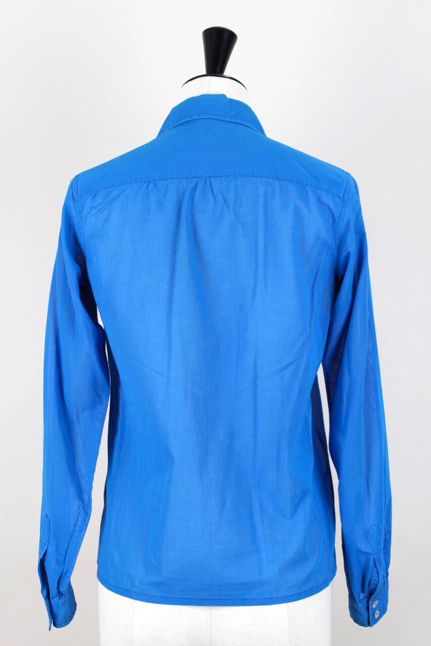 1970s YSL Yves Saint Laurent Azure Blue Slightly Transparent Cotton Shirt Blouse In Excellent Condition In Munich, DE