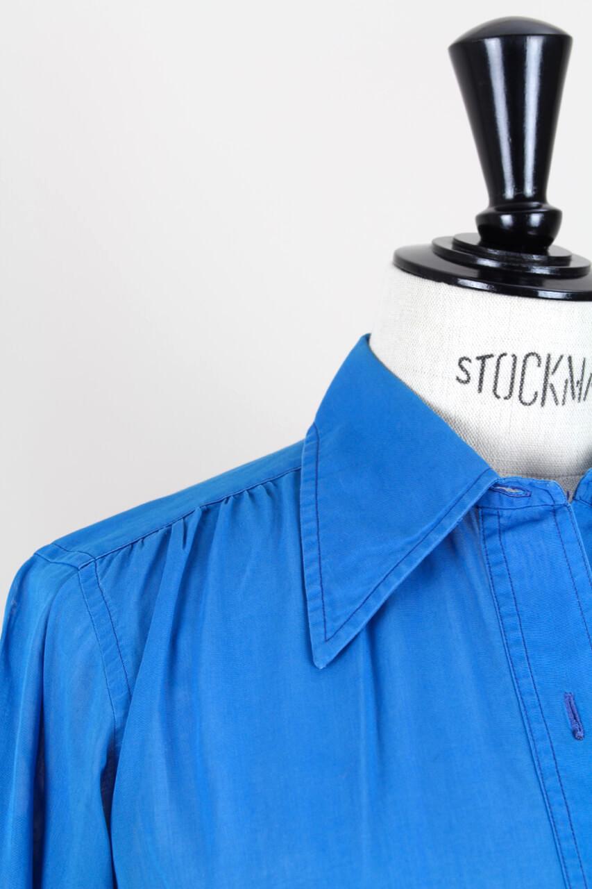 1970s YSL Yves Saint Laurent Azure Blue Slightly Transparent Cotton Shirt Blouse Damen