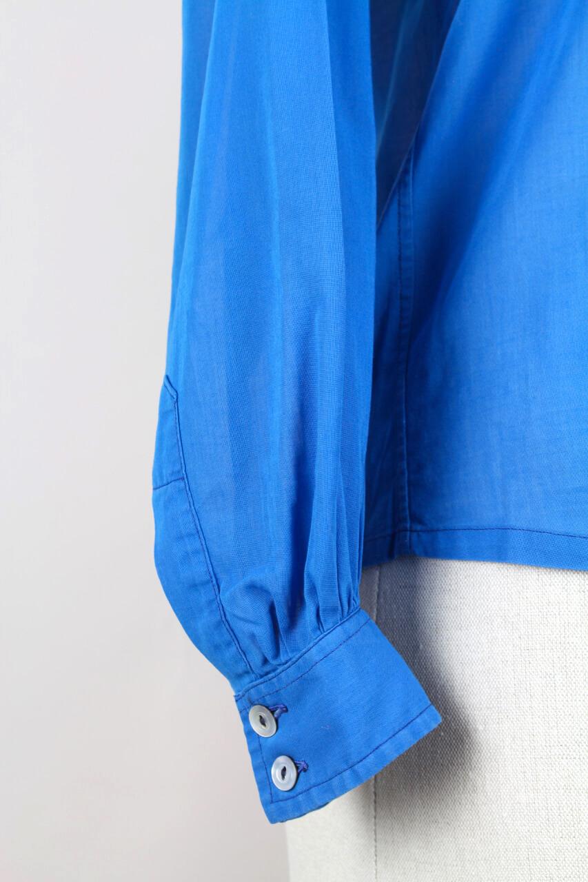 1970s YSL Yves Saint Laurent Azure Blue Slightly Transparent Cotton Shirt Blouse 2