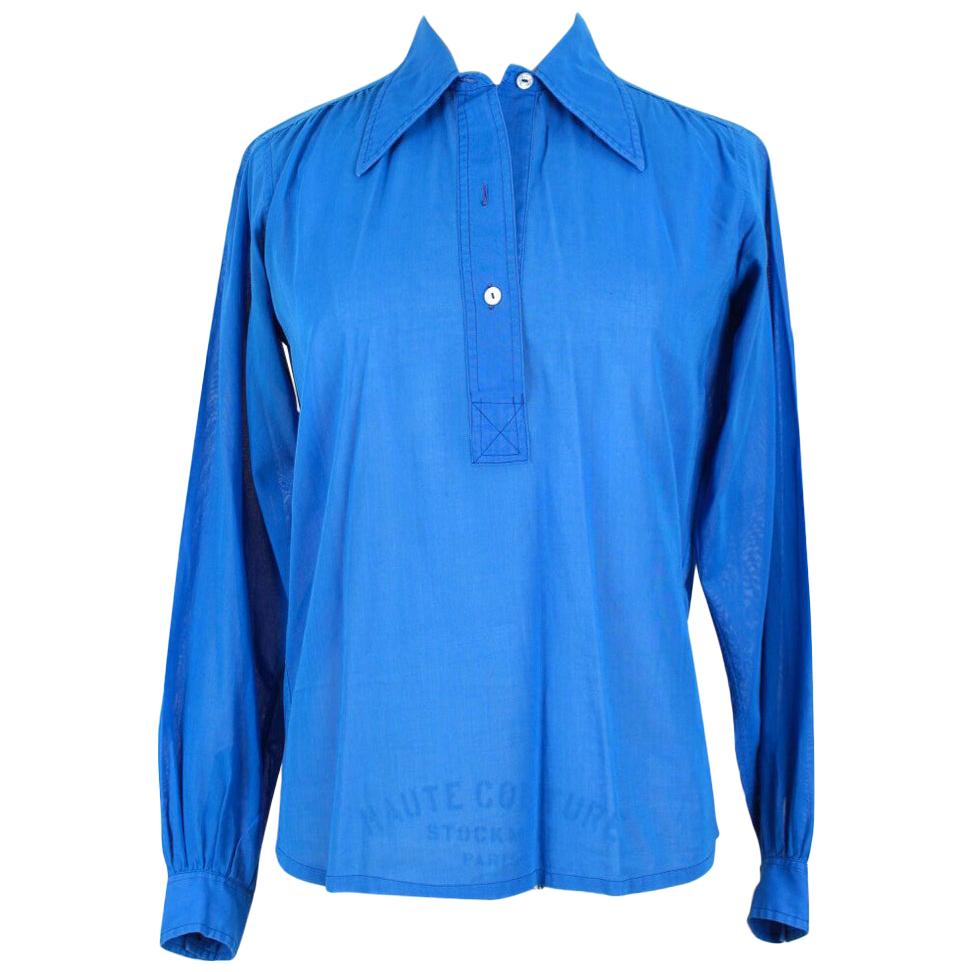 1970s YSL Yves Saint Laurent Azure Blue Slightly Transparent Cotton Shirt Blouse
