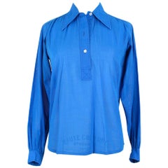 Vintage 1970s YSL Yves Saint Laurent Azure Blue Slightly Transparent Cotton Shirt Blouse