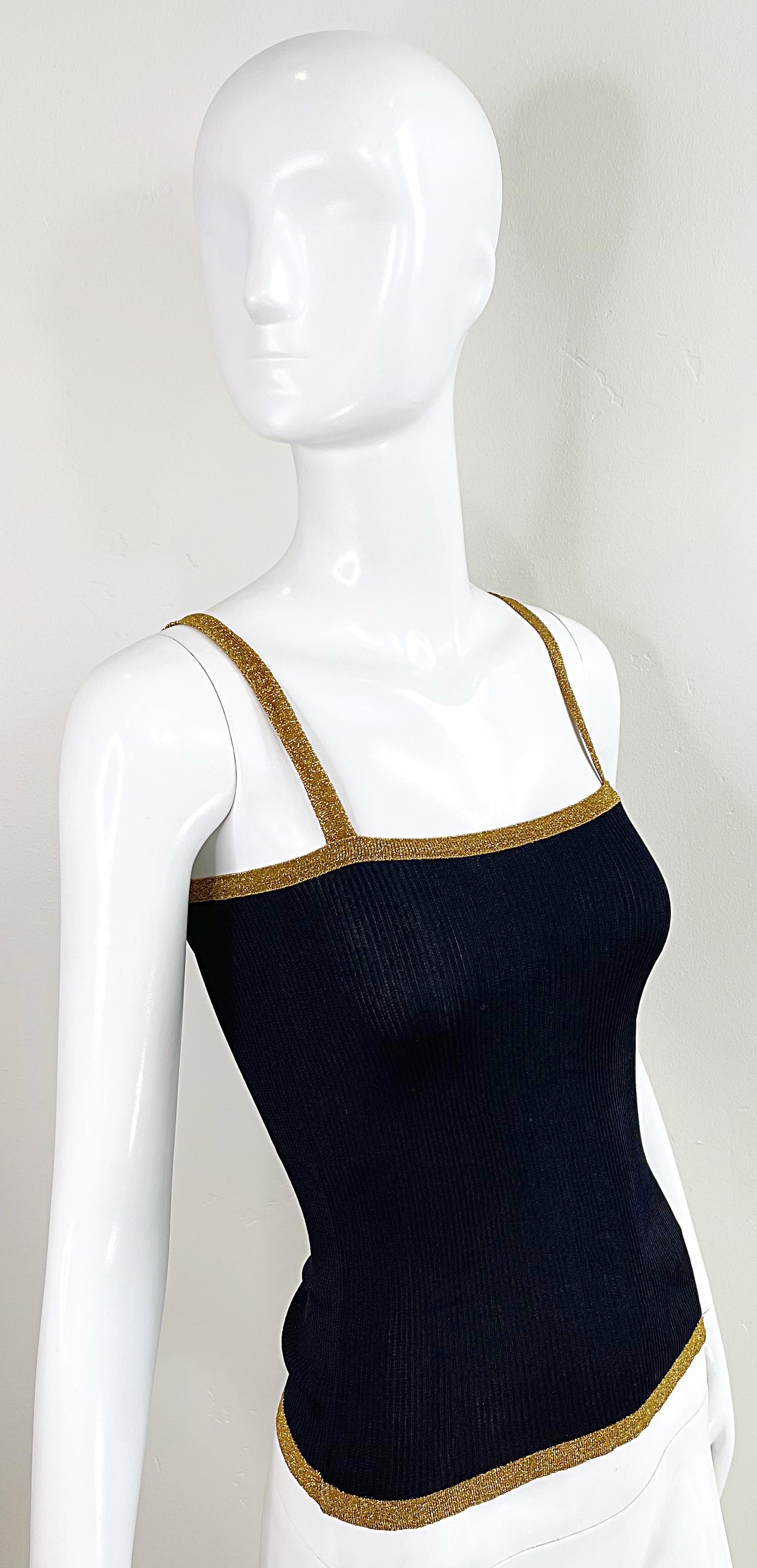 1970s YSL Yves Saint Laurent Black + Gold Silk Knit Metallic 70s Disco Top Shirt 6