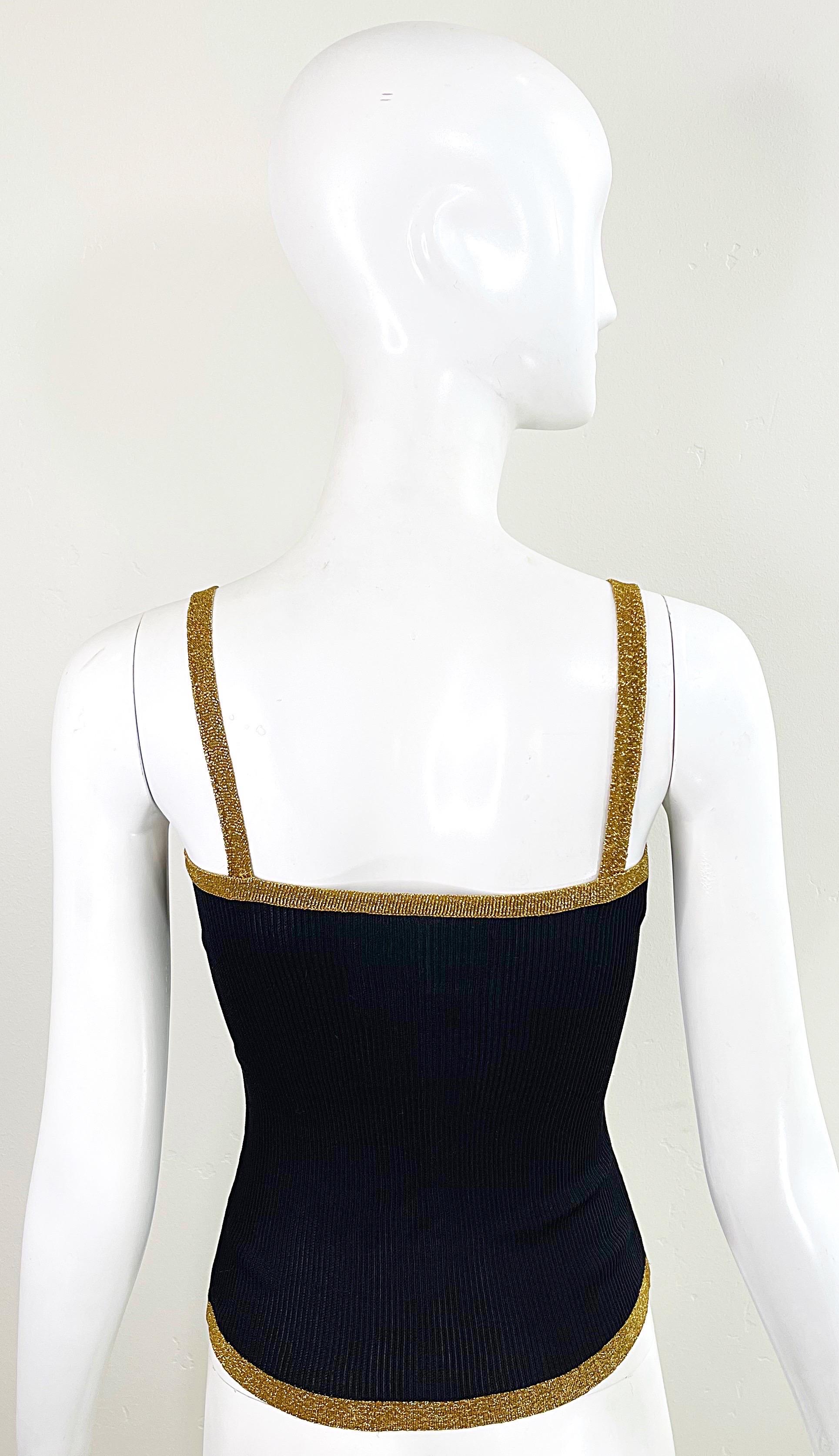 1970s YSL Yves Saint Laurent Black + Gold Silk Knit Metallic 70s Disco Top Shirt 7