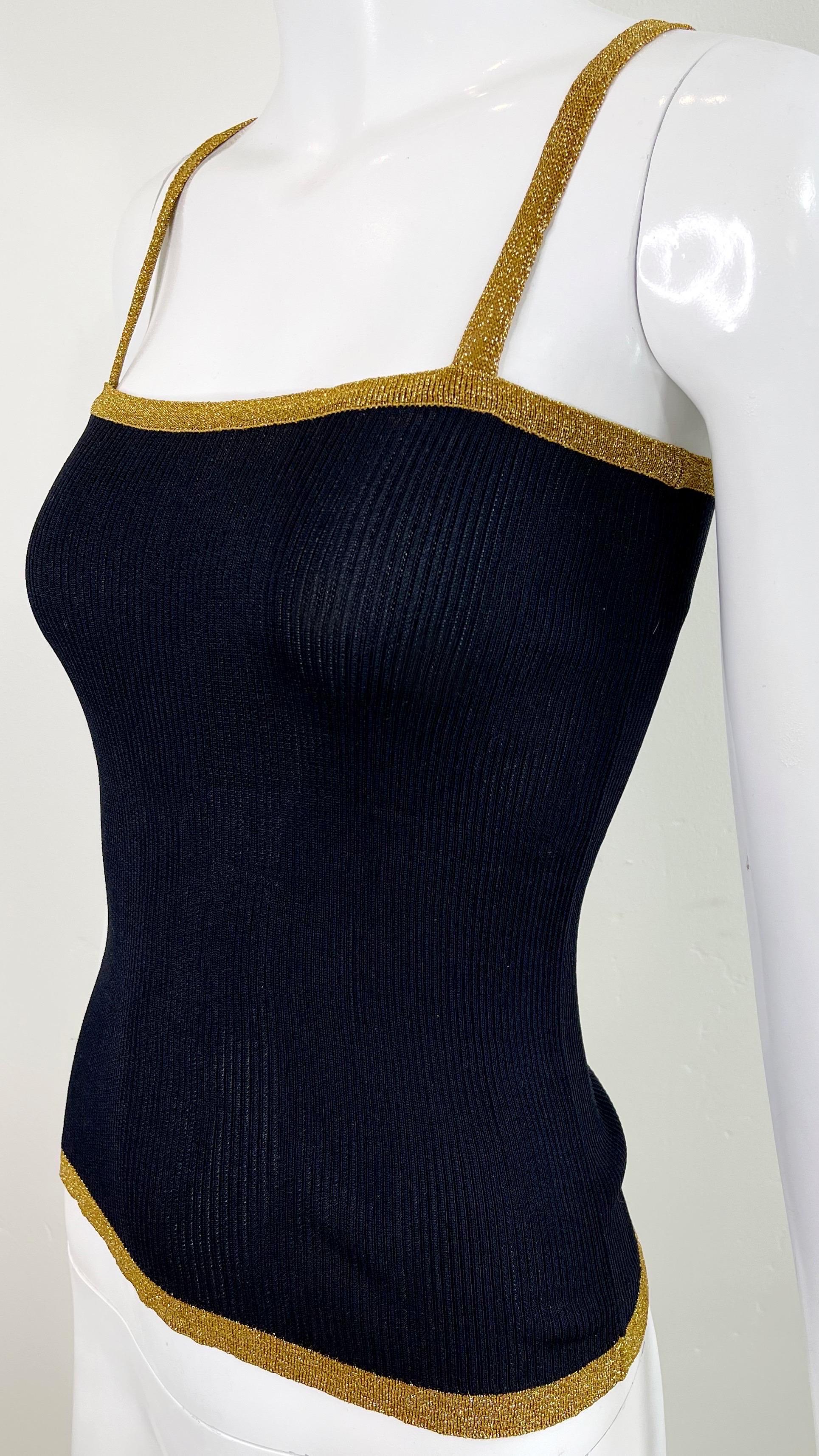 1970s YSL Yves Saint Laurent Black + Gold Silk Knit Metallic 70s Disco Top Shirt 8
