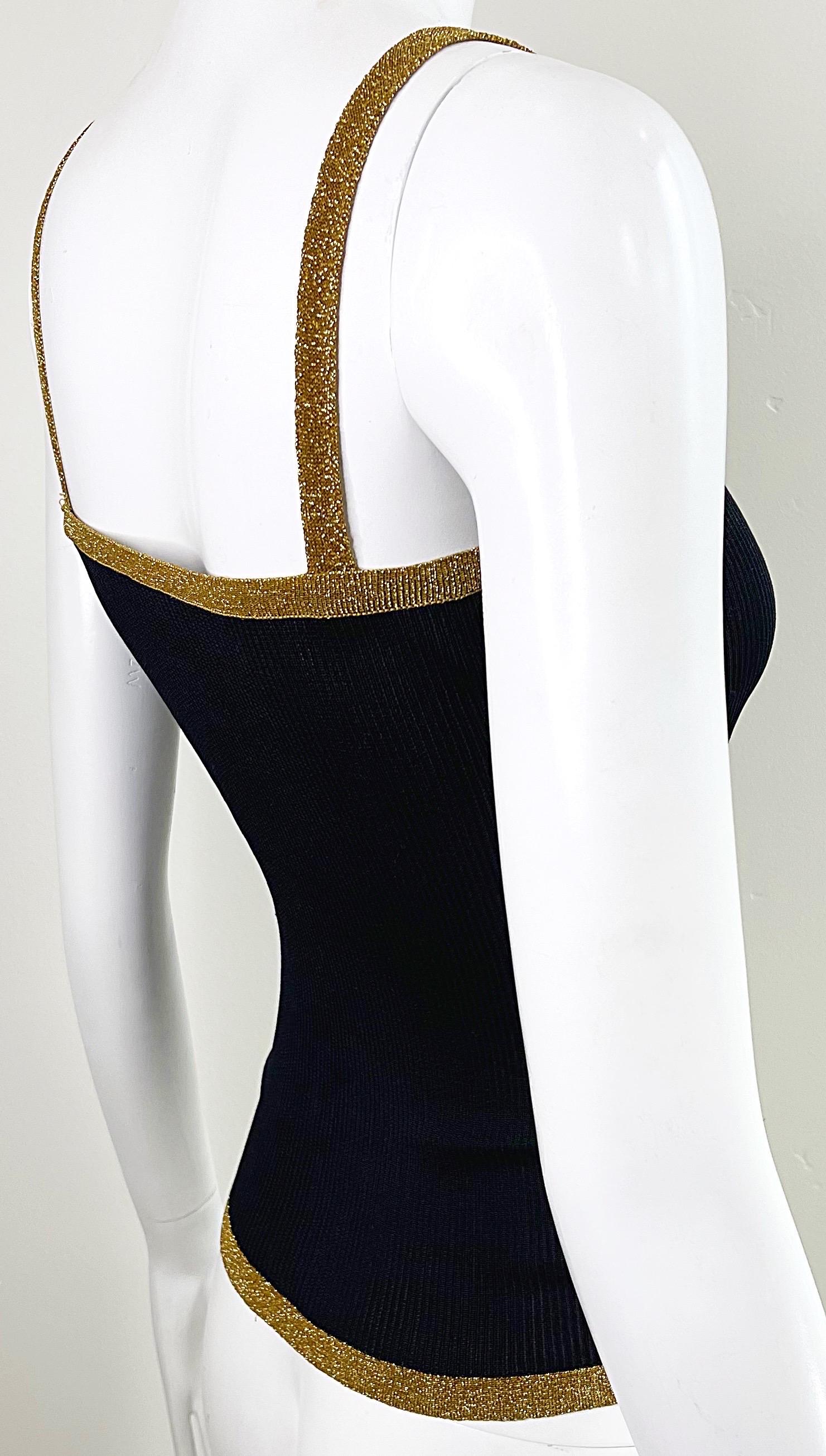 1970s YSL Yves Saint Laurent Black + Gold Silk Knit Metallic 70s Disco Top Shirt 9