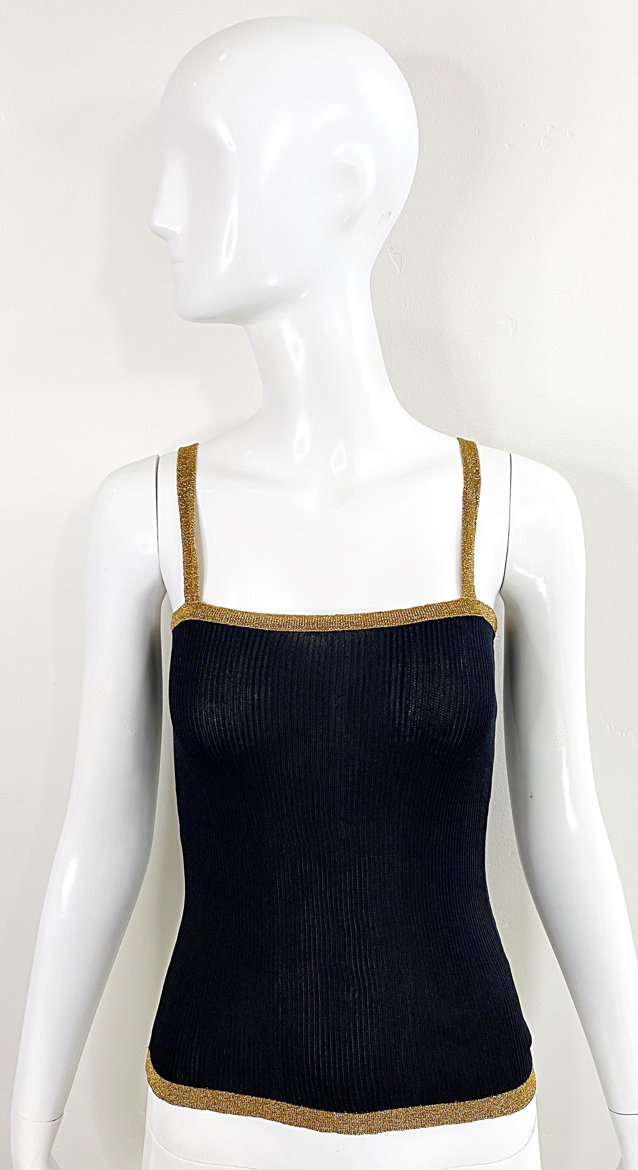 1970s YSL Yves Saint Laurent Black + Gold Silk Knit Metallic 70s Disco Top Shirt 10