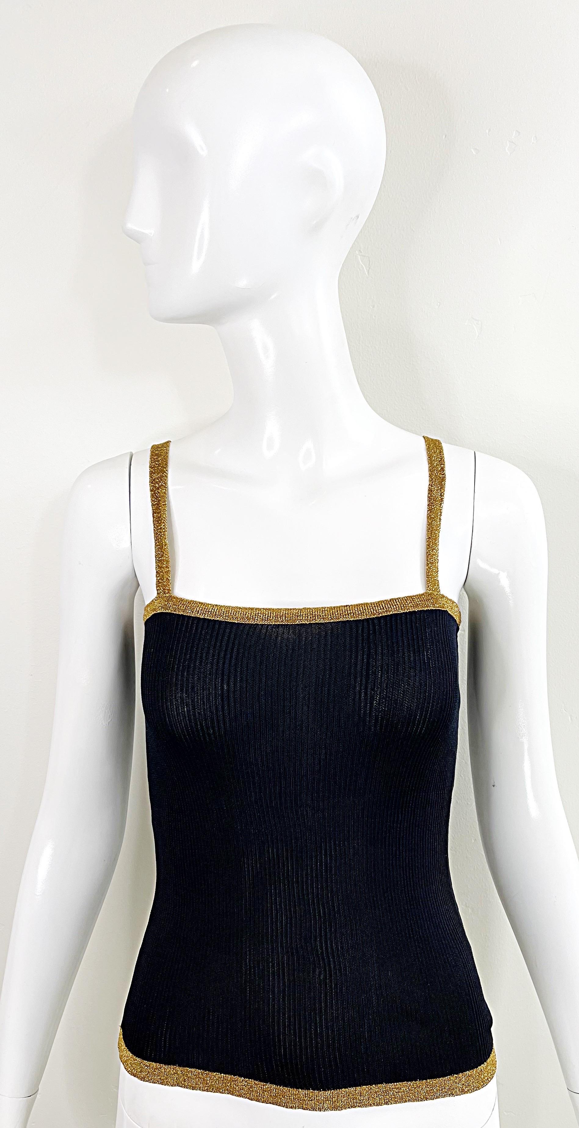 1970s YSL Yves Saint Laurent Black + Gold Silk Knit Metallic 70s Disco Top Shirt In Excellent Condition In San Diego, CA