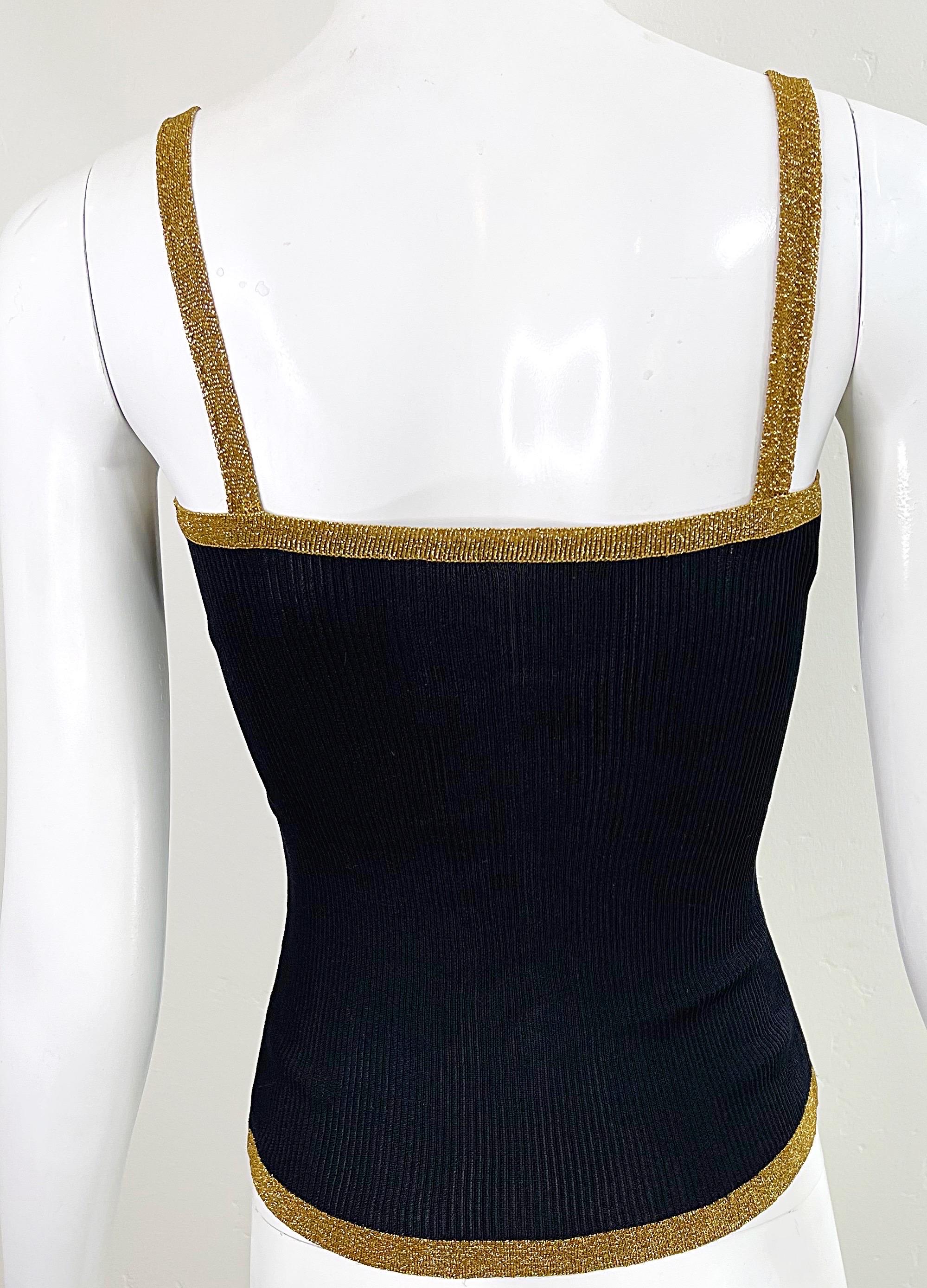 Women's 1970s YSL Yves Saint Laurent Black + Gold Silk Knit Metallic 70s Disco Top Shirt