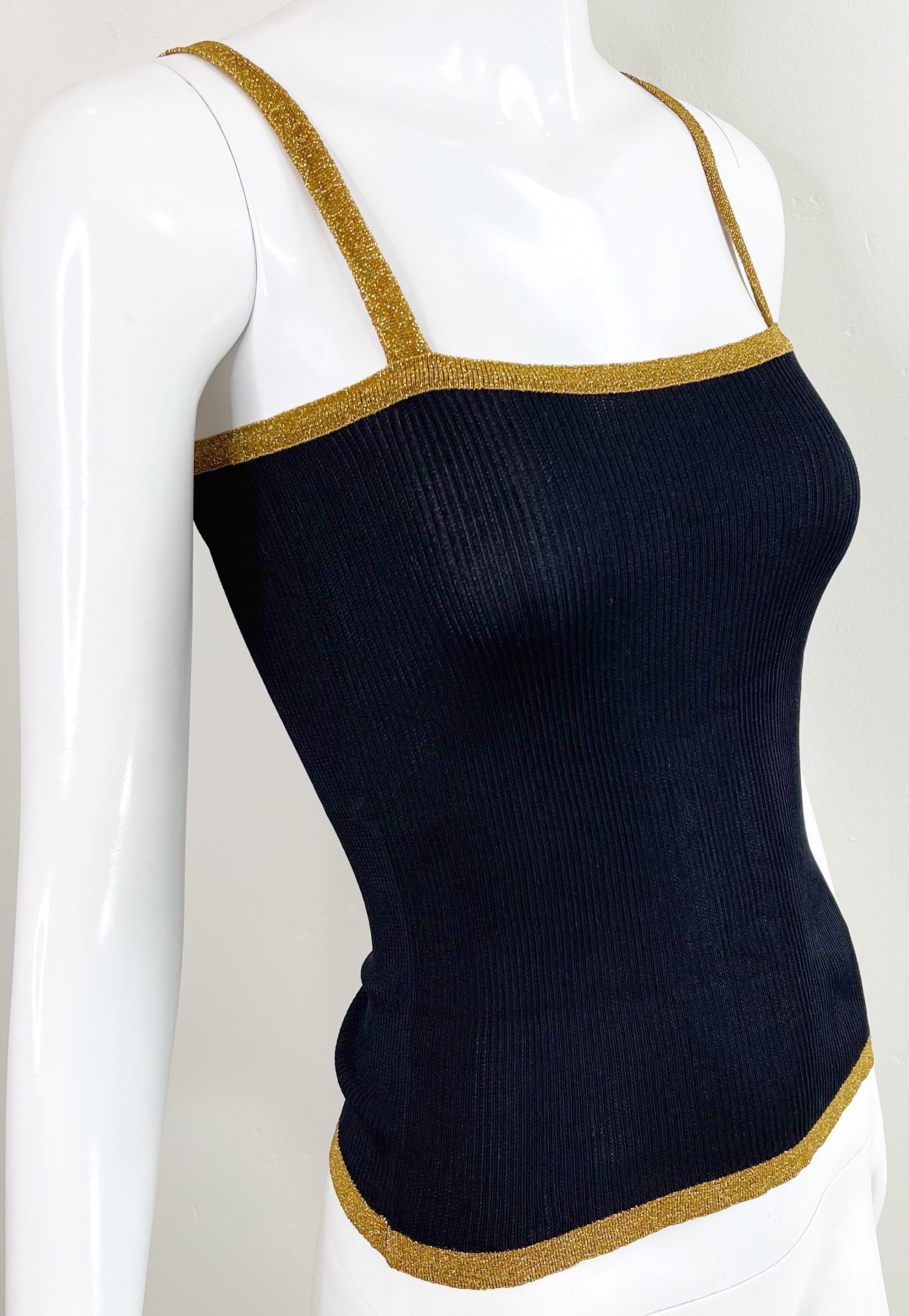 1970s YSL Yves Saint Laurent Black + Gold Silk Knit Metallic 70s Disco Top Shirt 2